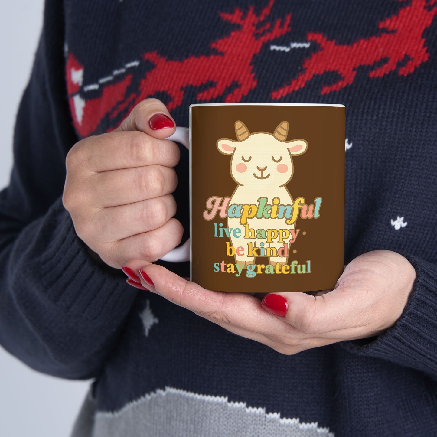 Happy Goat Mug - Hapkinful Live Happy. Be Kind. Stay Grateful. 11oz