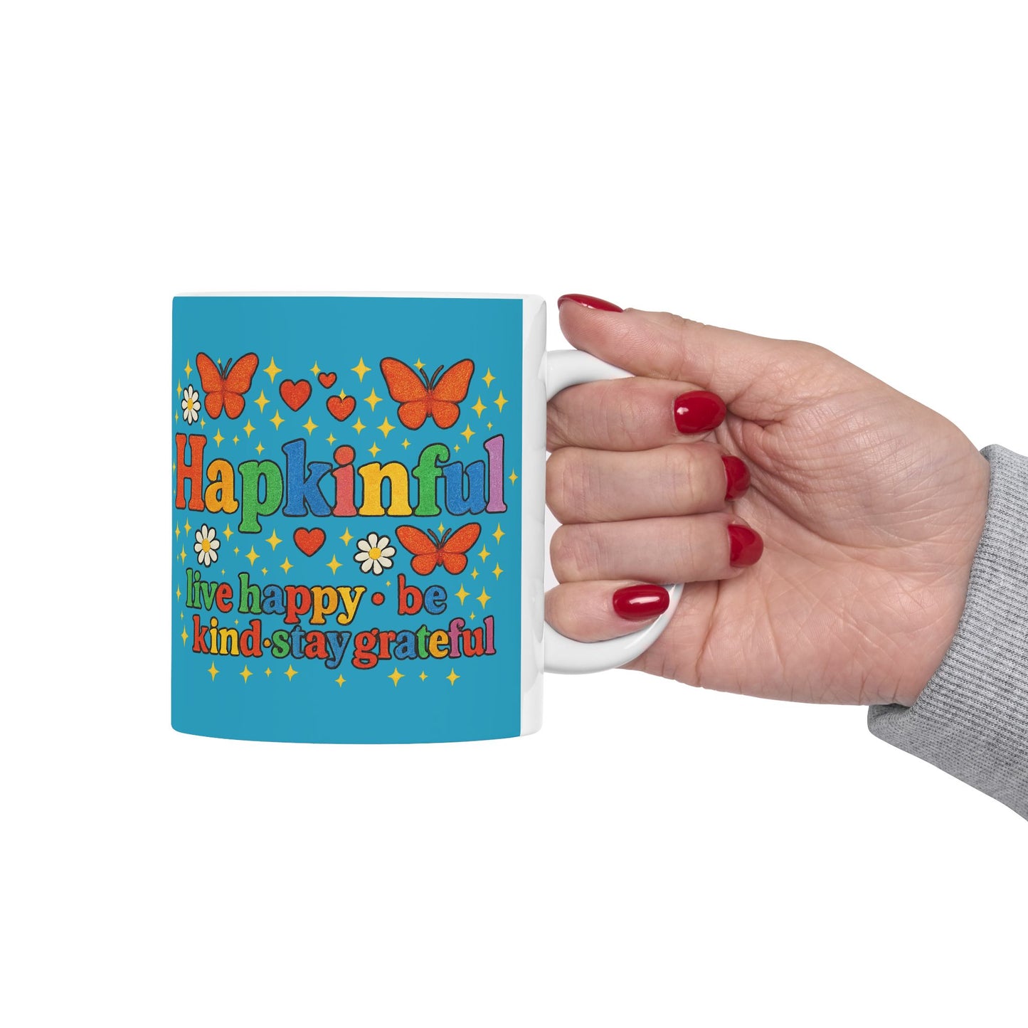Happy Groovy Butterfly Turqoise Mug - Hapkinful - Live Happy. Be Kind. Stay Grateful 11 oz