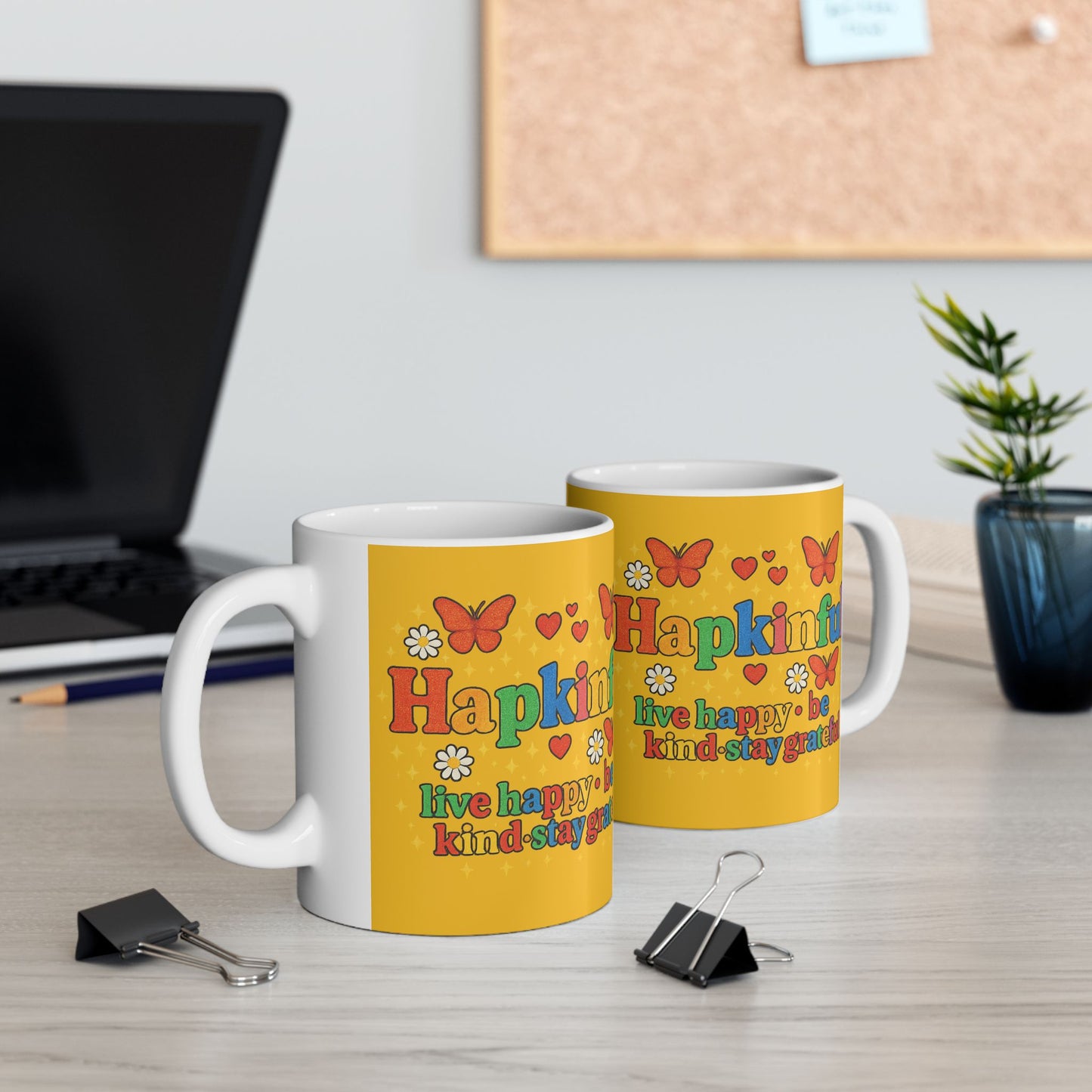 Happy Groovy Butterfly Yellow Mug - Hapkinful - Live Happy. Be Kind. Stay Grateful 11 oz