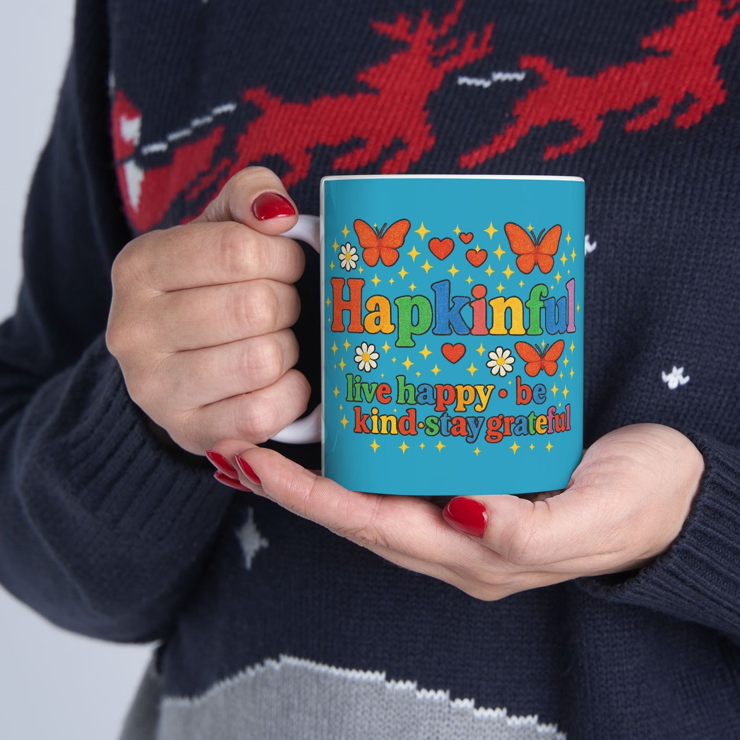 Happy Groovy Butterfly Turqoise Mug - Hapkinful - Live Happy. Be Kind. Stay Grateful 11 oz