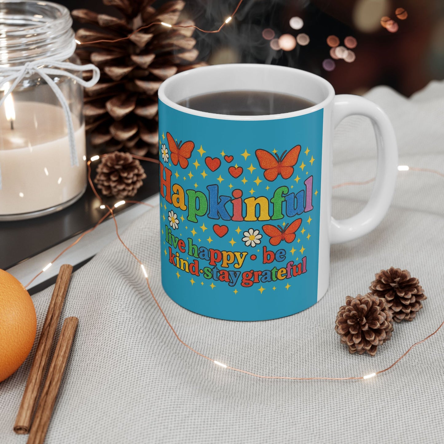 Happy Groovy Butterfly Turqoise Mug - Hapkinful - Live Happy. Be Kind. Stay Grateful 11 oz