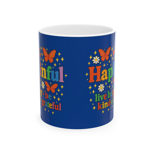 Happy Groovy Butterly Navy Blue Mug - Hapkinful - Live Happy. Be Kind. Stay Grateful. 11oz