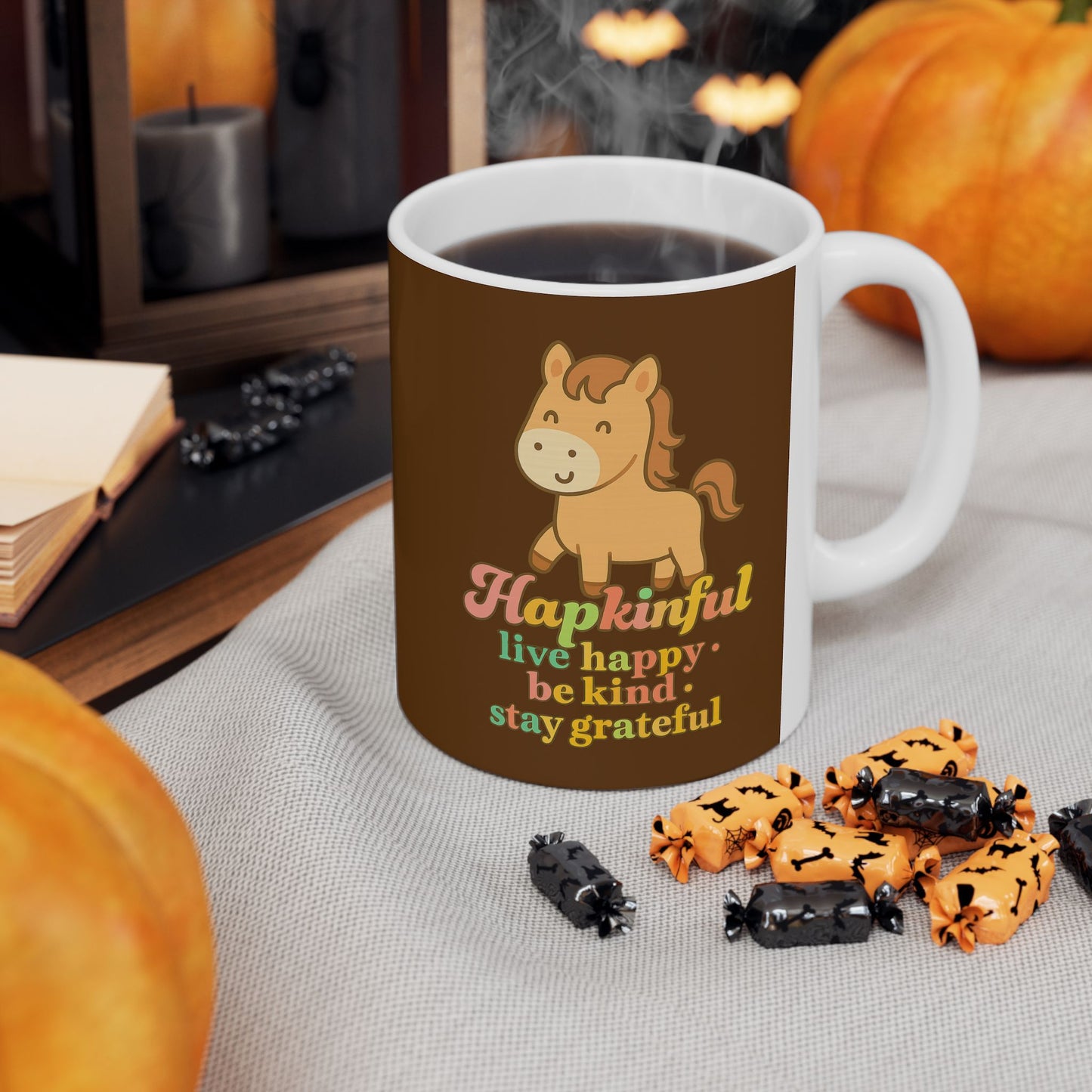 Happy Horse Mug. Hapkinful Live Happy. Be Kind. Stay Grateful 11oz