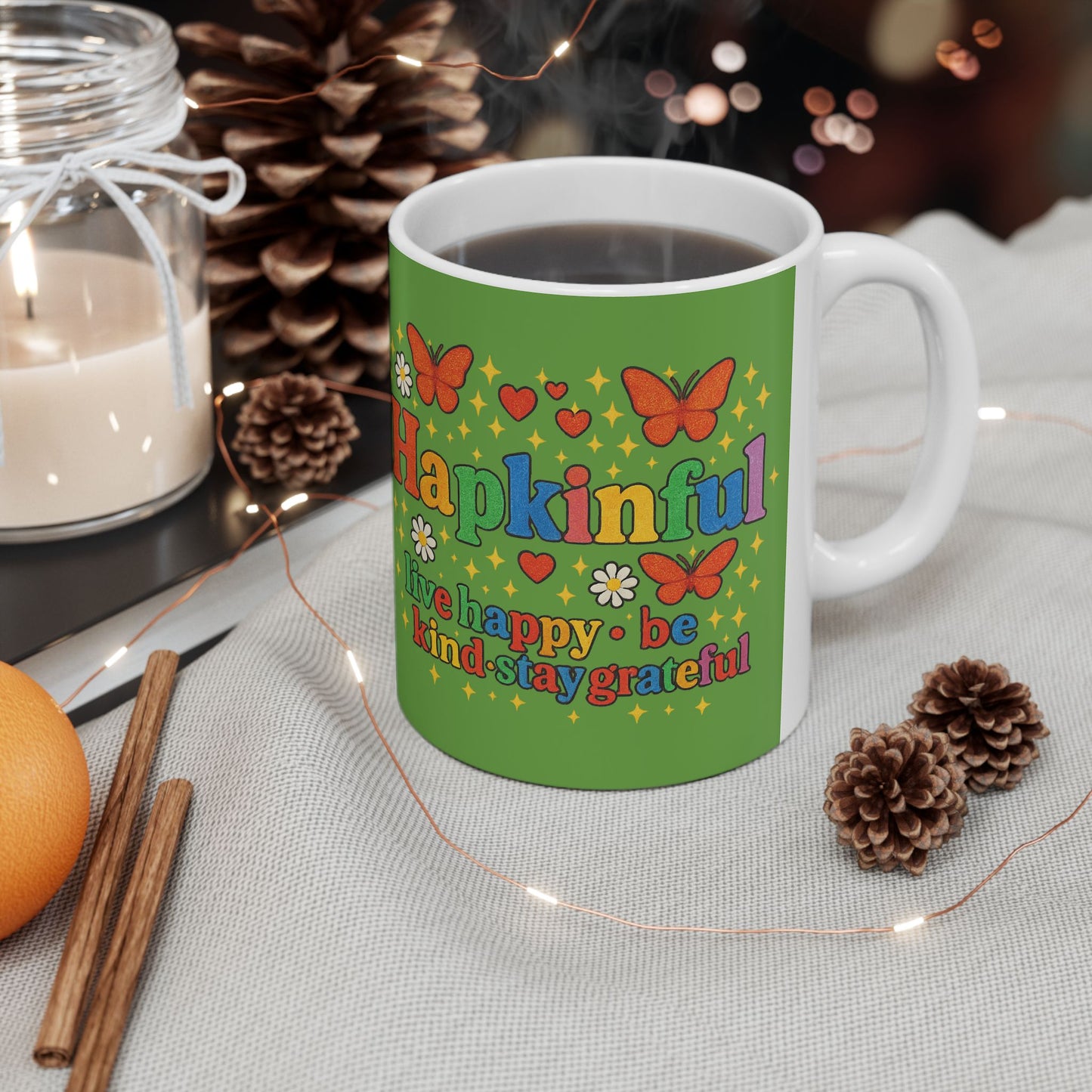 Happy Groovy Butterfly Green Mug - Hapkinful - Live Happy. Be Kind. Stay Grateful 11 oz