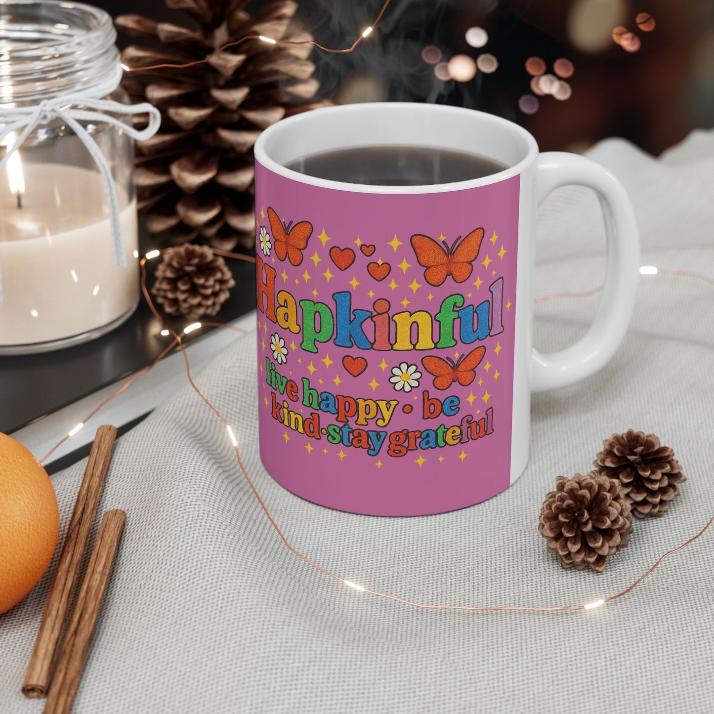Happy Groovy Pink Butterfly Mug - Hakinful - Live Happy. Be Kind. Stay Grateful 11oz.