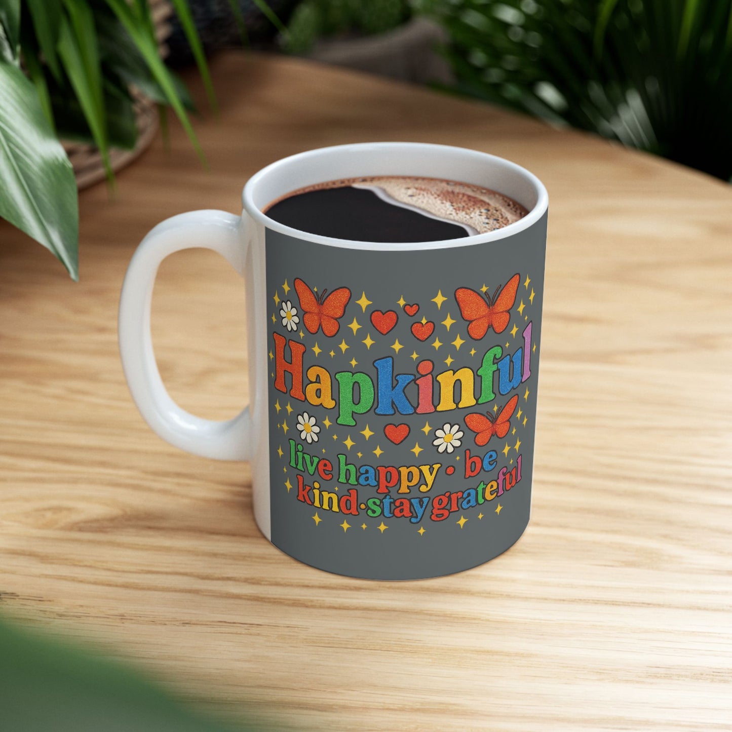 Happy Groovy Butterfly Charcoal Grey Mug - Hapkinful - Live Happy. Be Kind. Stay Grateful