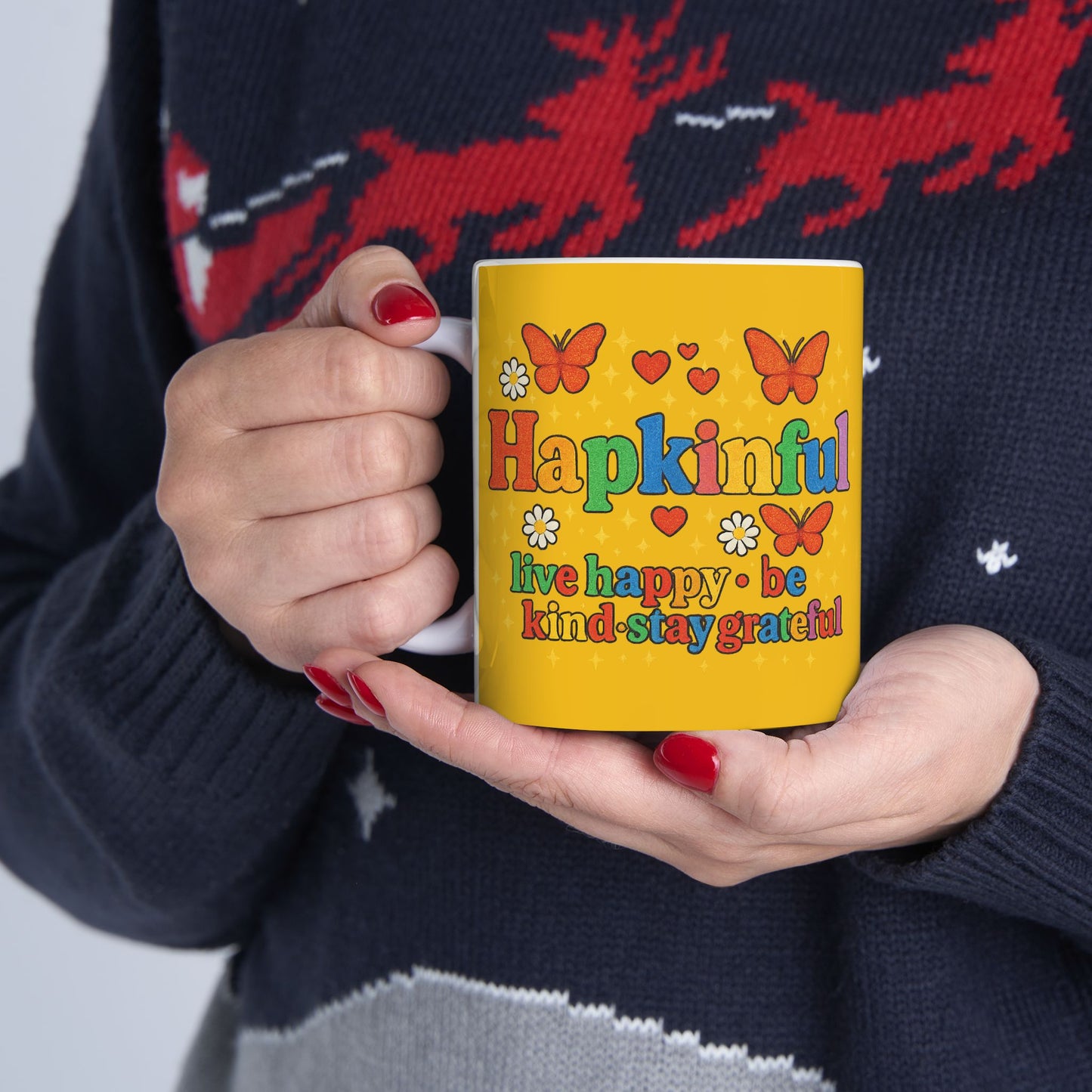 Happy Groovy Butterfly Yellow Mug - Hapkinful - Live Happy. Be Kind. Stay Grateful 11 oz