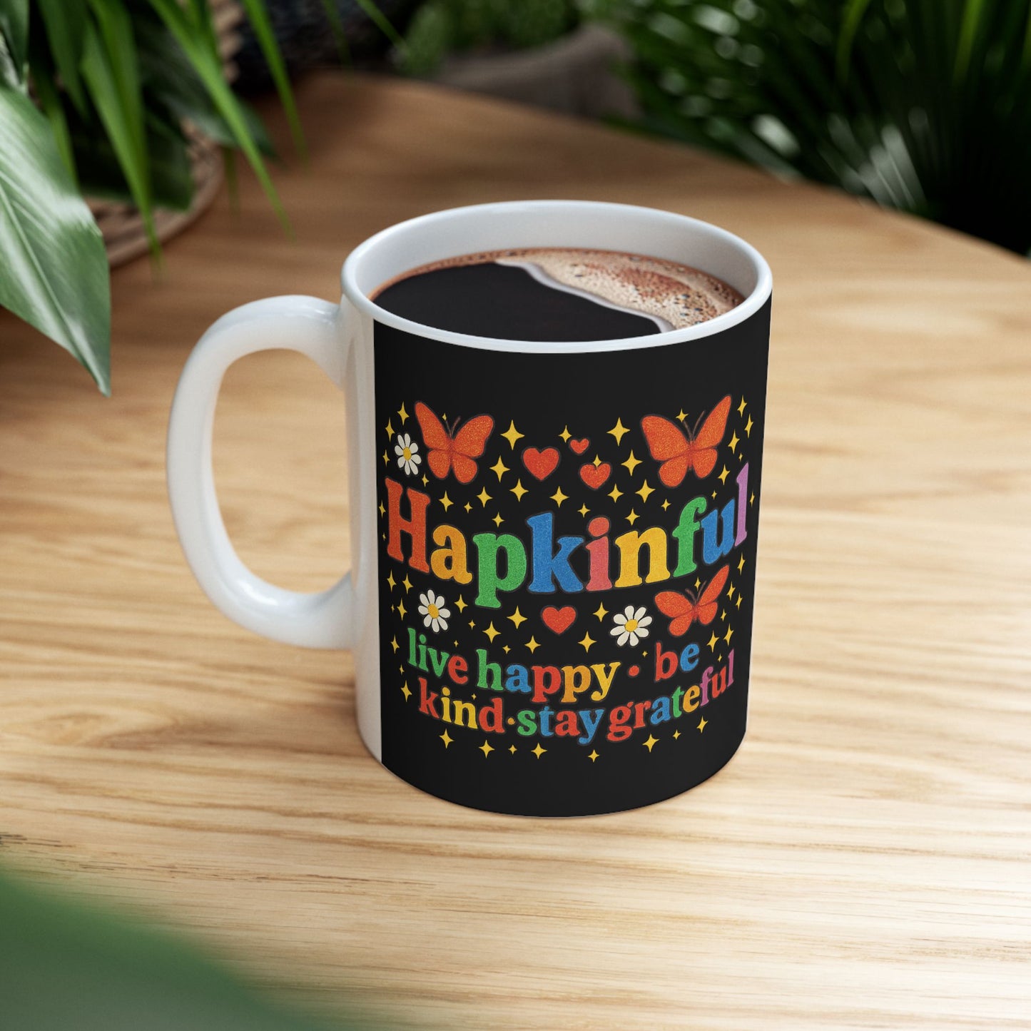 Happy Groovy Butterfly Black Mug - Hapkinful - Live Happy. Be Kind. Stay Grateful
