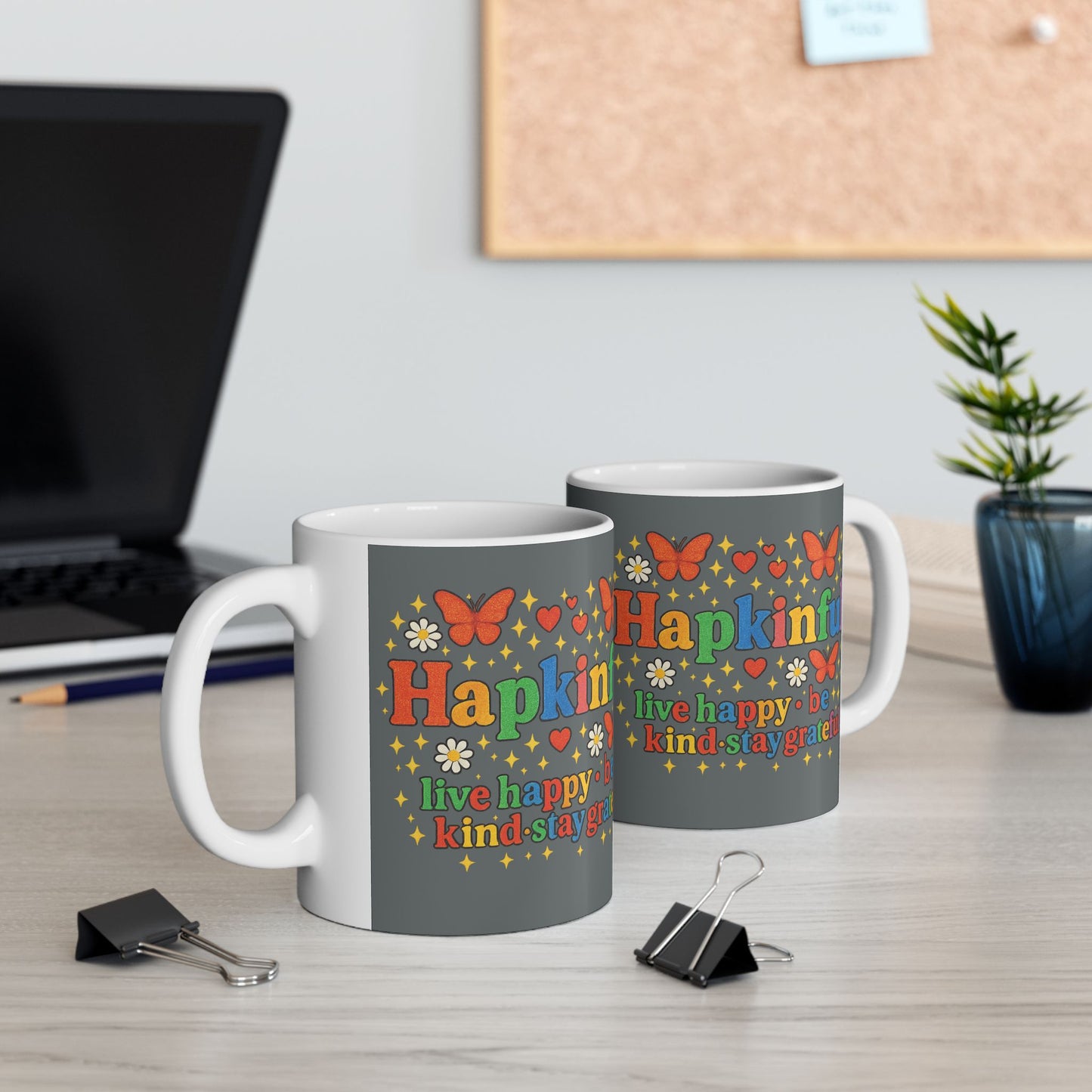 Happy Groovy Butterfly Charcoal Grey Mug - Hapkinful - Live Happy. Be Kind. Stay Grateful