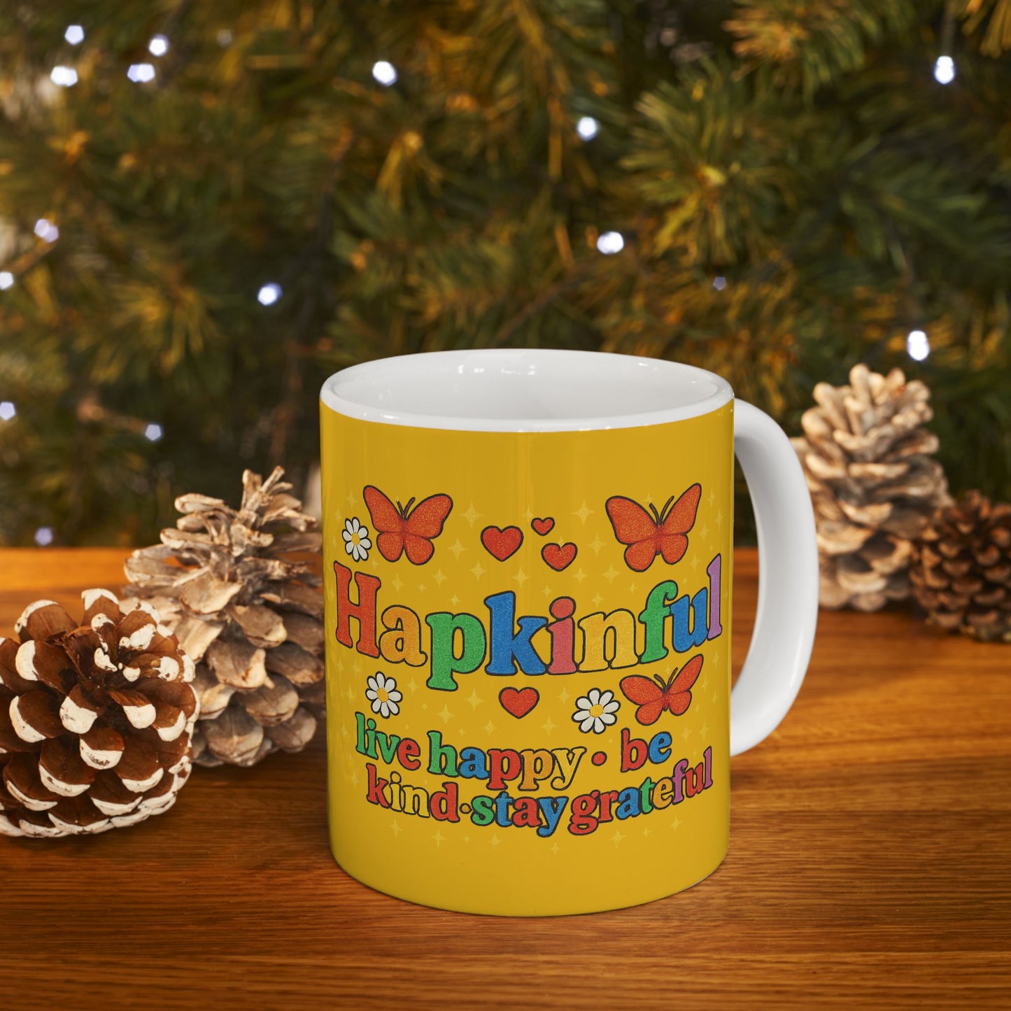Happy Groovy Butterfly Yellow Mug - Hapkinful - Live Happy. Be Kind. Stay Grateful 11 oz
