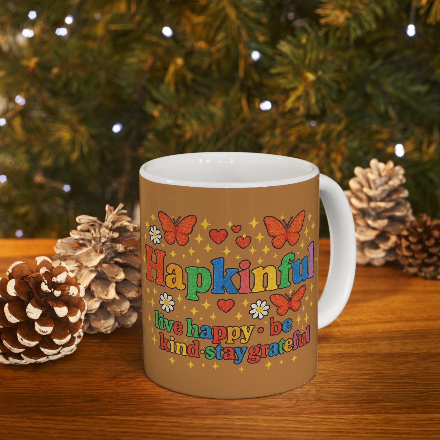 Happy Groovy Butterfly Brown Cafe Mug - Hapkinful - Live Happy. Be Kind. Stay Grateful