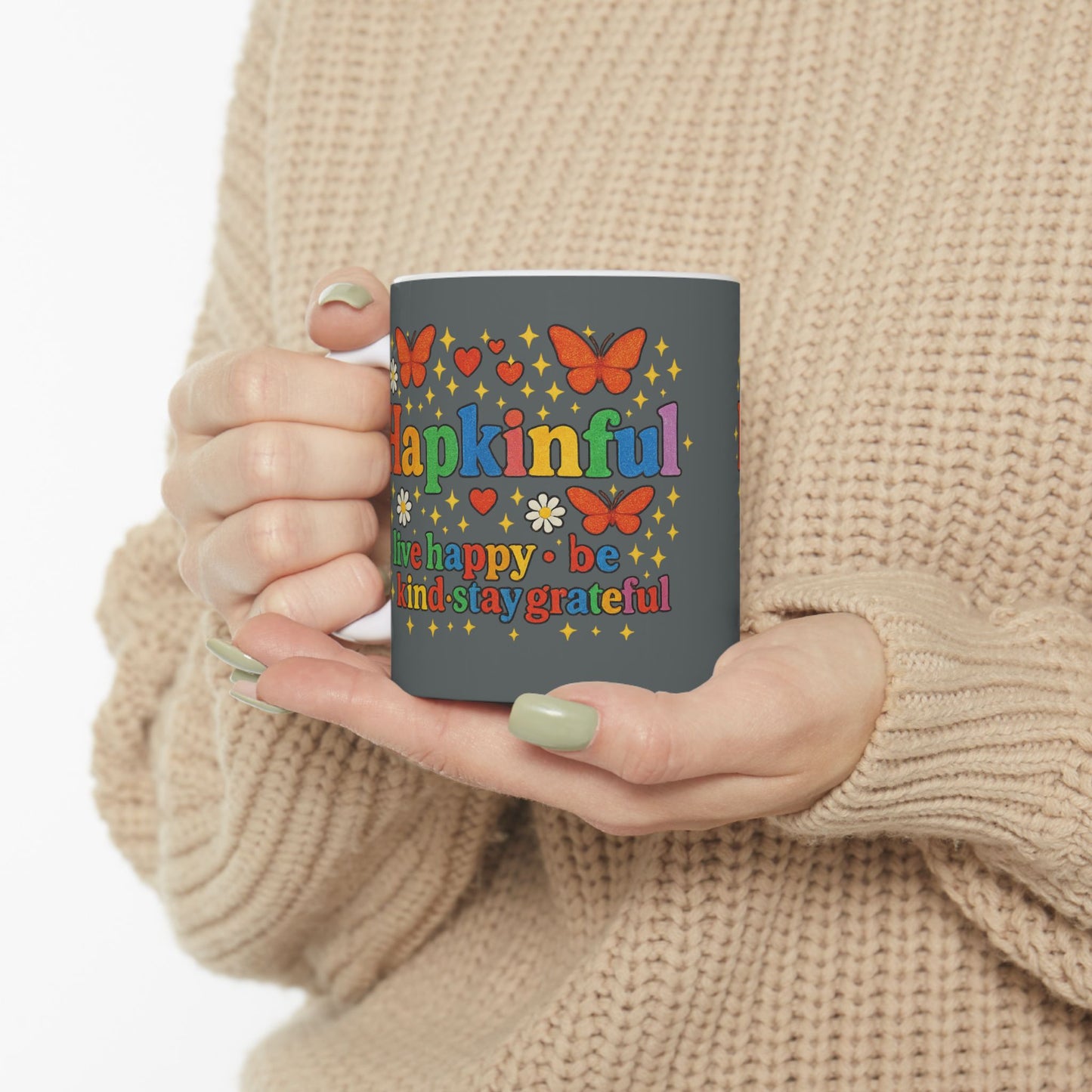 Happy Groovy Butterfly Charcoal Grey Mug - Hapkinful - Live Happy. Be Kind. Stay Grateful
