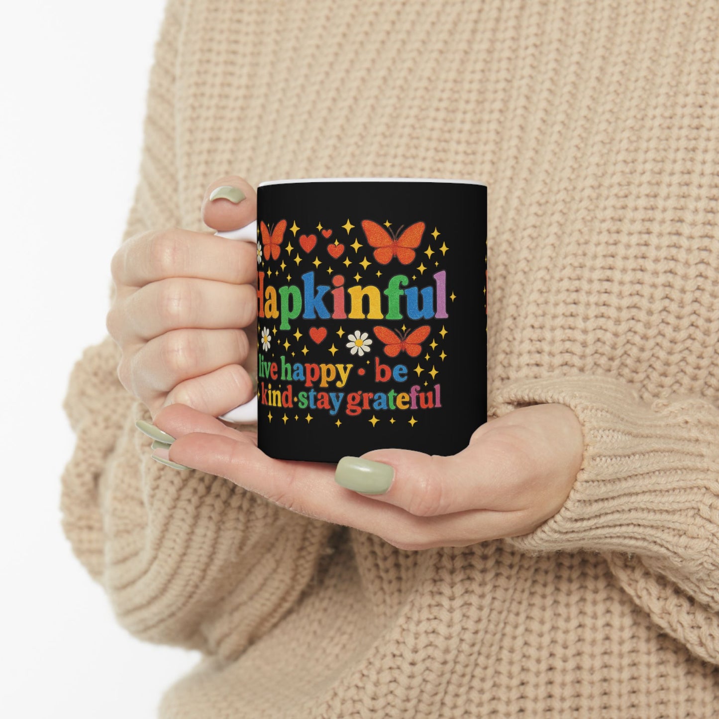 Happy Groovy Butterfly Black Mug - Hapkinful - Live Happy. Be Kind. Stay Grateful