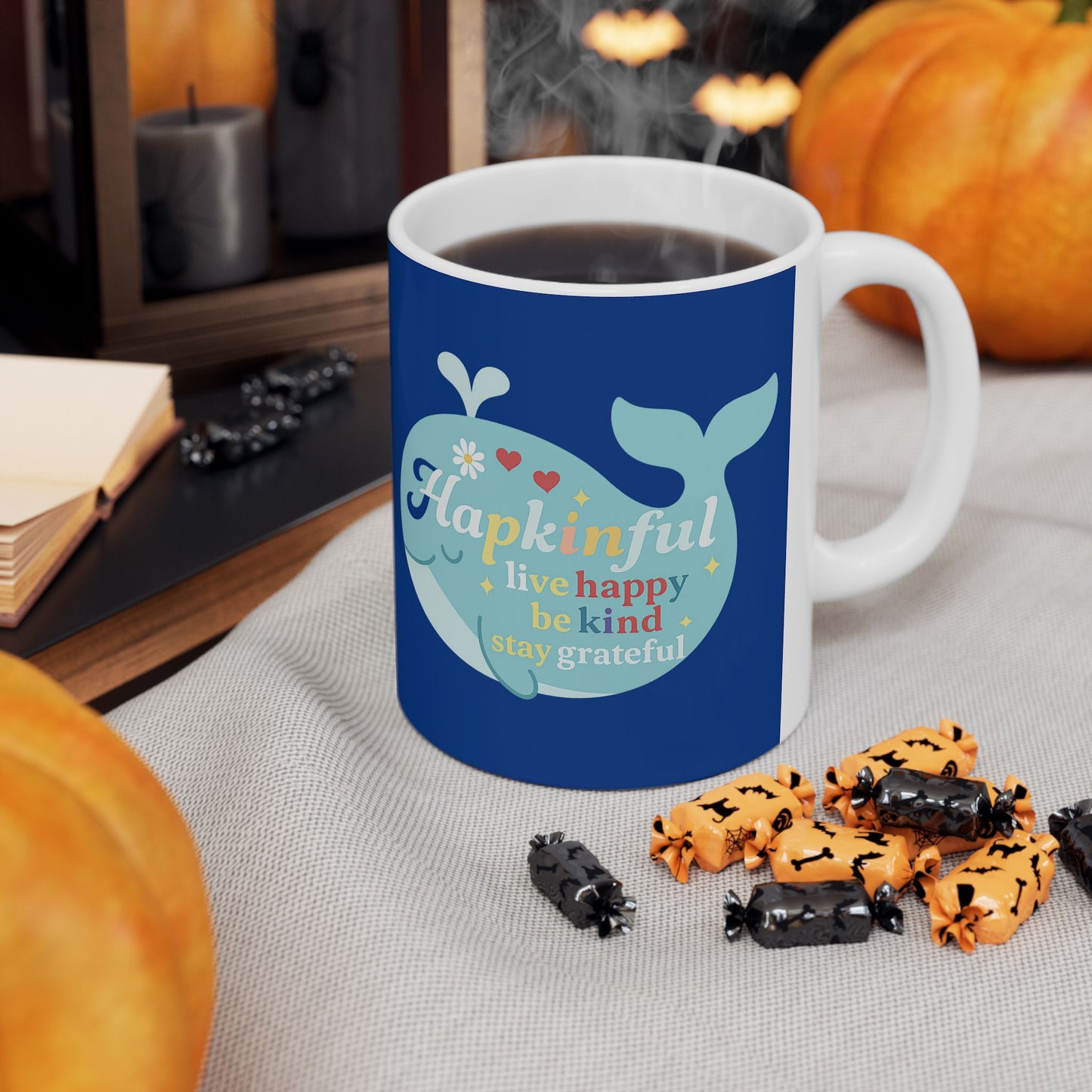 Happy Whale Mug - Live Happy. Be Kind. Stay Grateful. Inspirational 11oz.