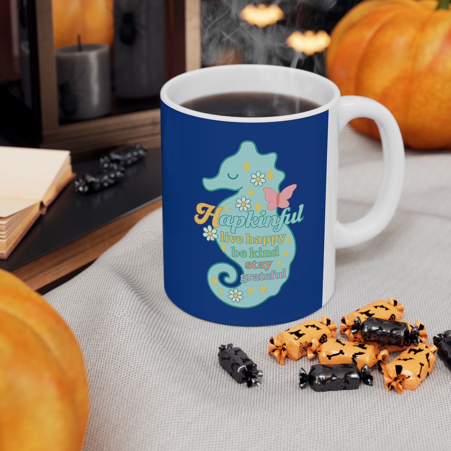 Happy Seahorse Mug - Hapkinful Live Happy. Be Kind. Stay Grateful 11oz