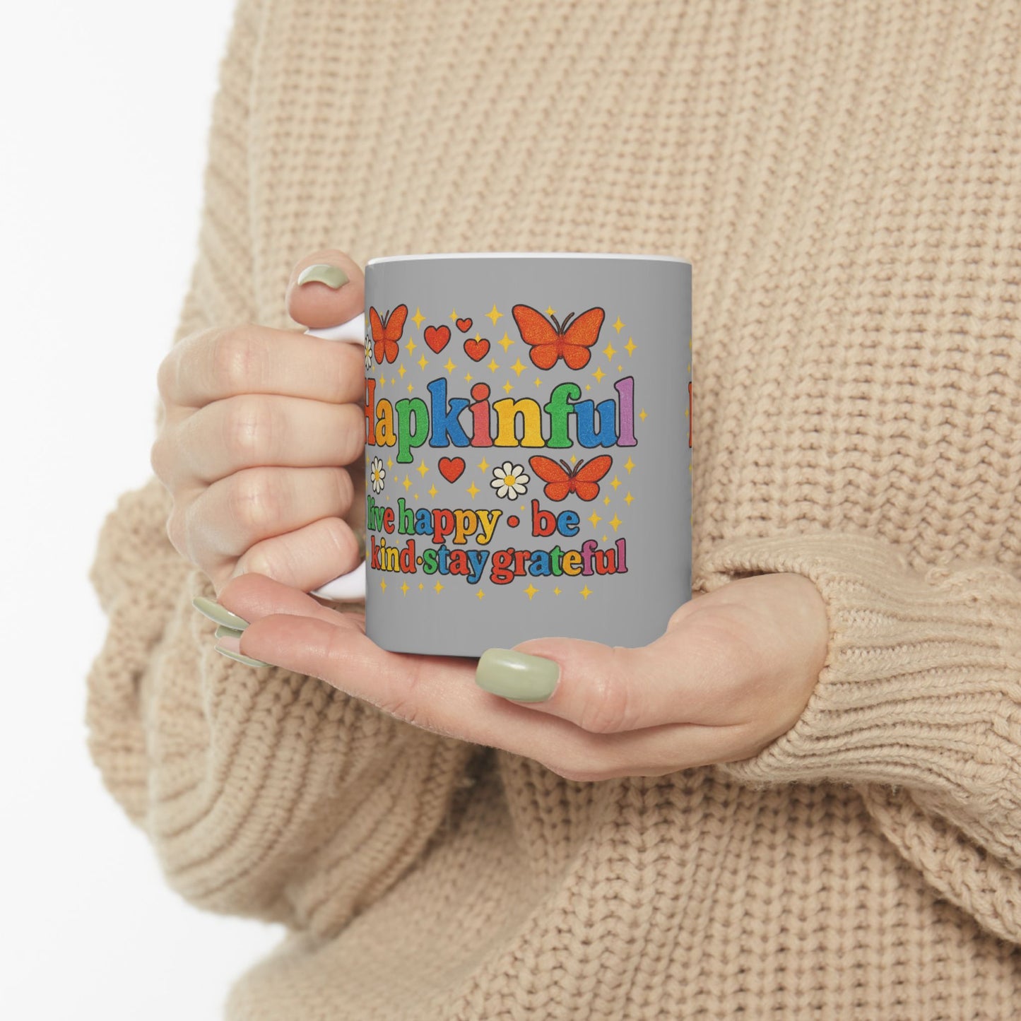 Happy Groovy Butterfly Light Grey Mug - Hapkinful - Live Happy. Be Kind. Stay Grateful