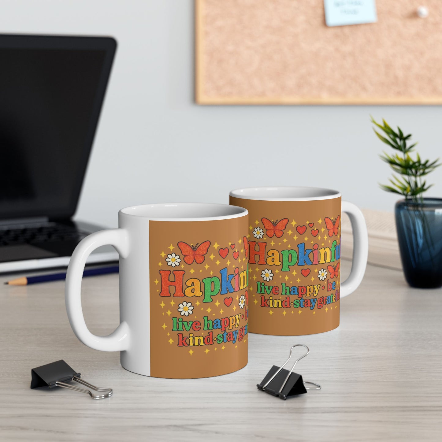 Happy Groovy Butterfly Brown Cafe Mug - Hapkinful - Live Happy. Be Kind. Stay Grateful