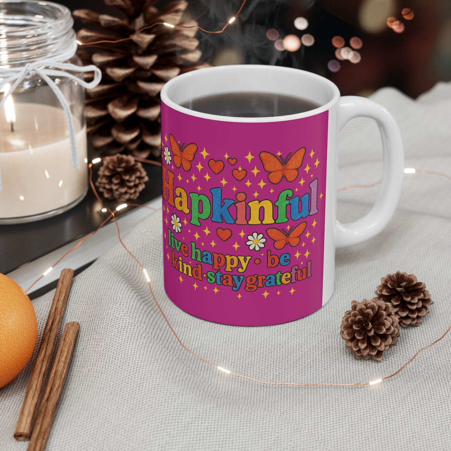 Happy Groovy Butterfly Lavender Mug - Hapkinful -Live Happy. Be Kind. Stay Grateful 11oz
