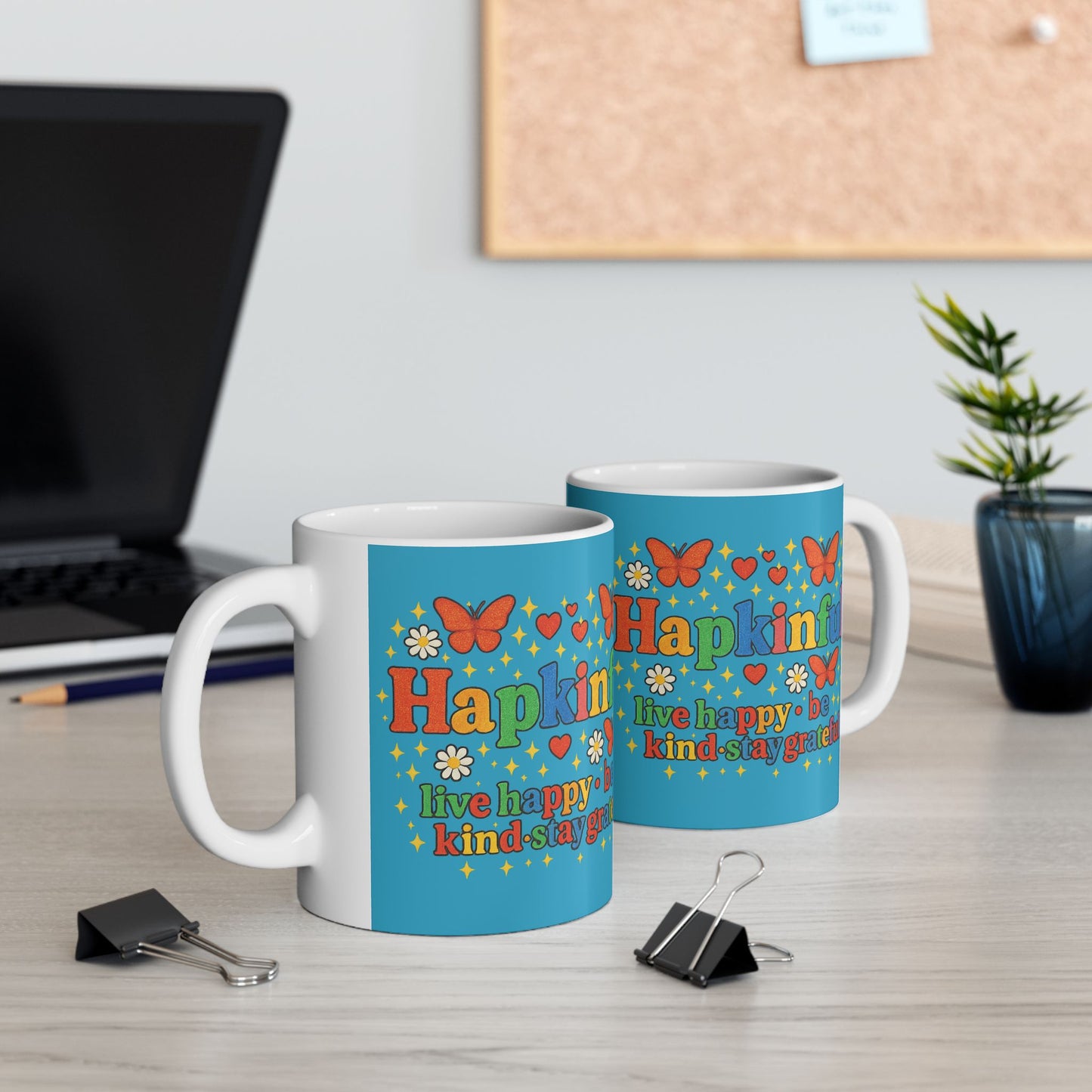 Happy Groovy Butterfly Turqoise Mug - Hapkinful - Live Happy. Be Kind. Stay Grateful 11 oz