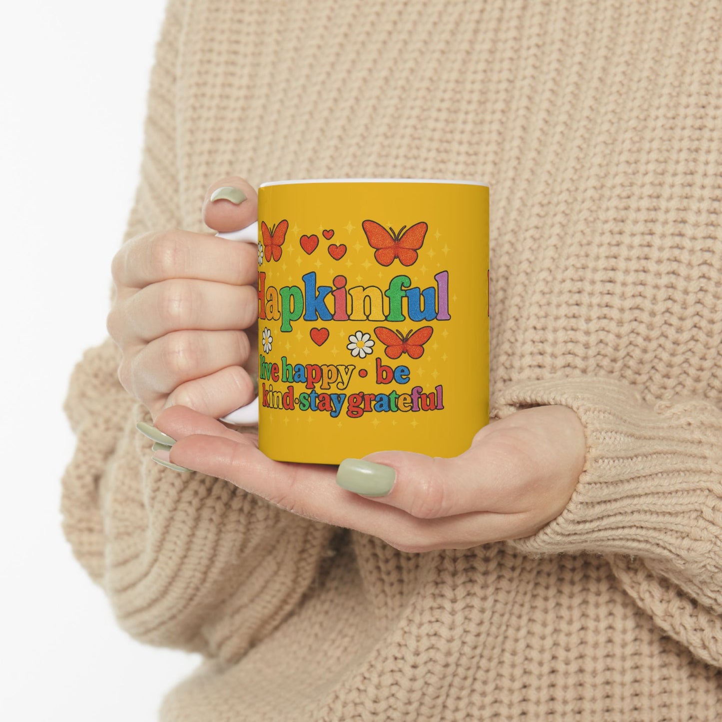 Happy Groovy Butterfly Yellow Mug - Hapkinful - Live Happy. Be Kind. Stay Grateful 11 oz