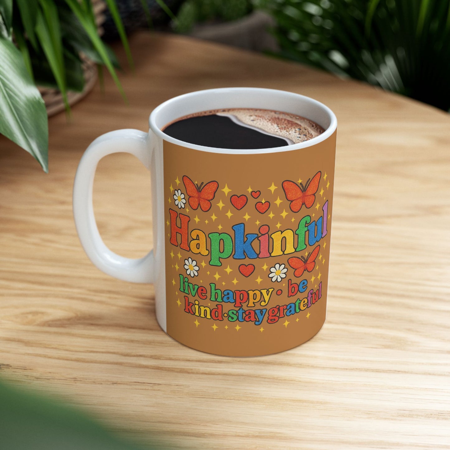 Happy Groovy Butterfly Brown Cafe Mug - Hapkinful - Live Happy. Be Kind. Stay Grateful