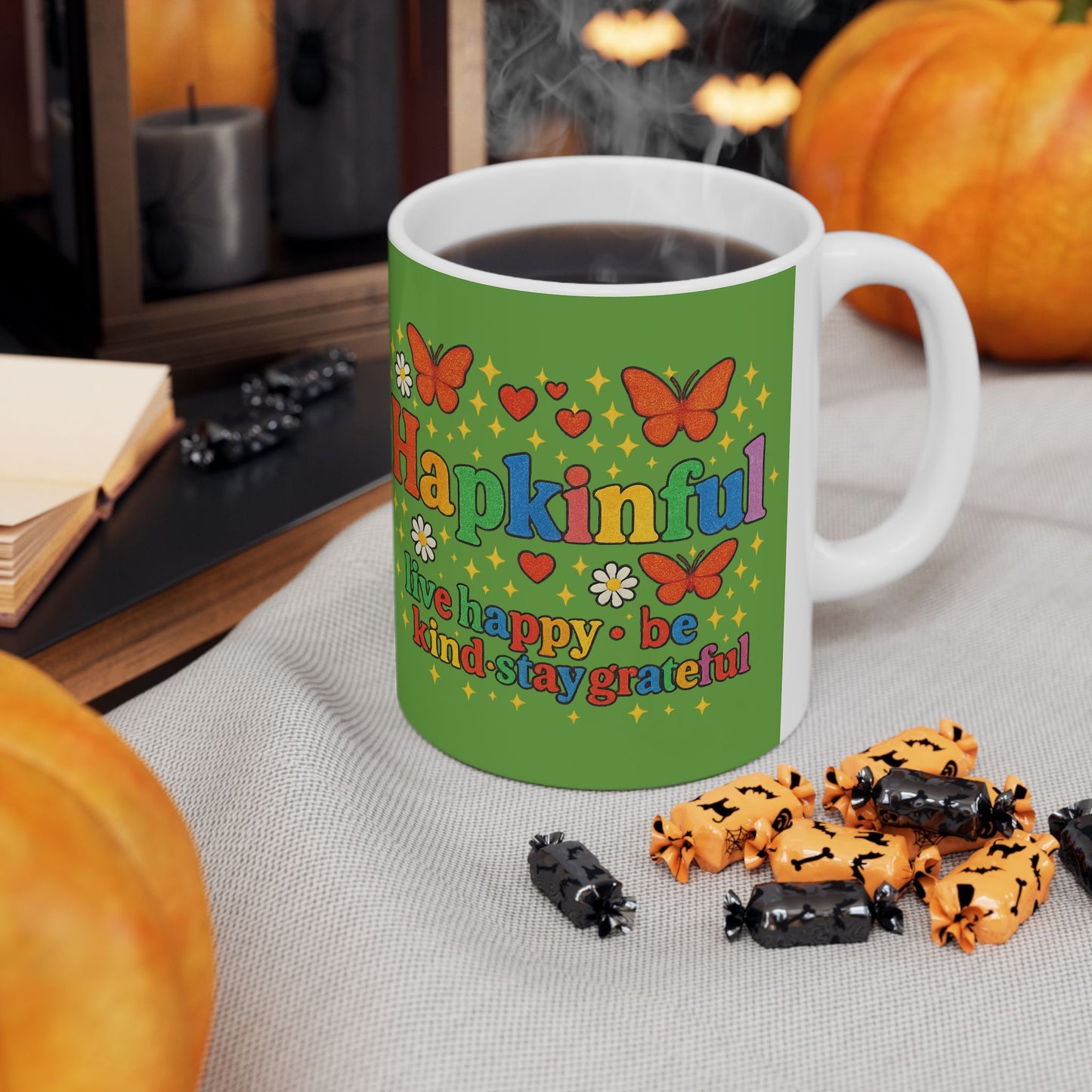 Happy Groovy Butterfly Green Mug - Hapkinful - Live Happy. Be Kind. Stay Grateful 11 oz