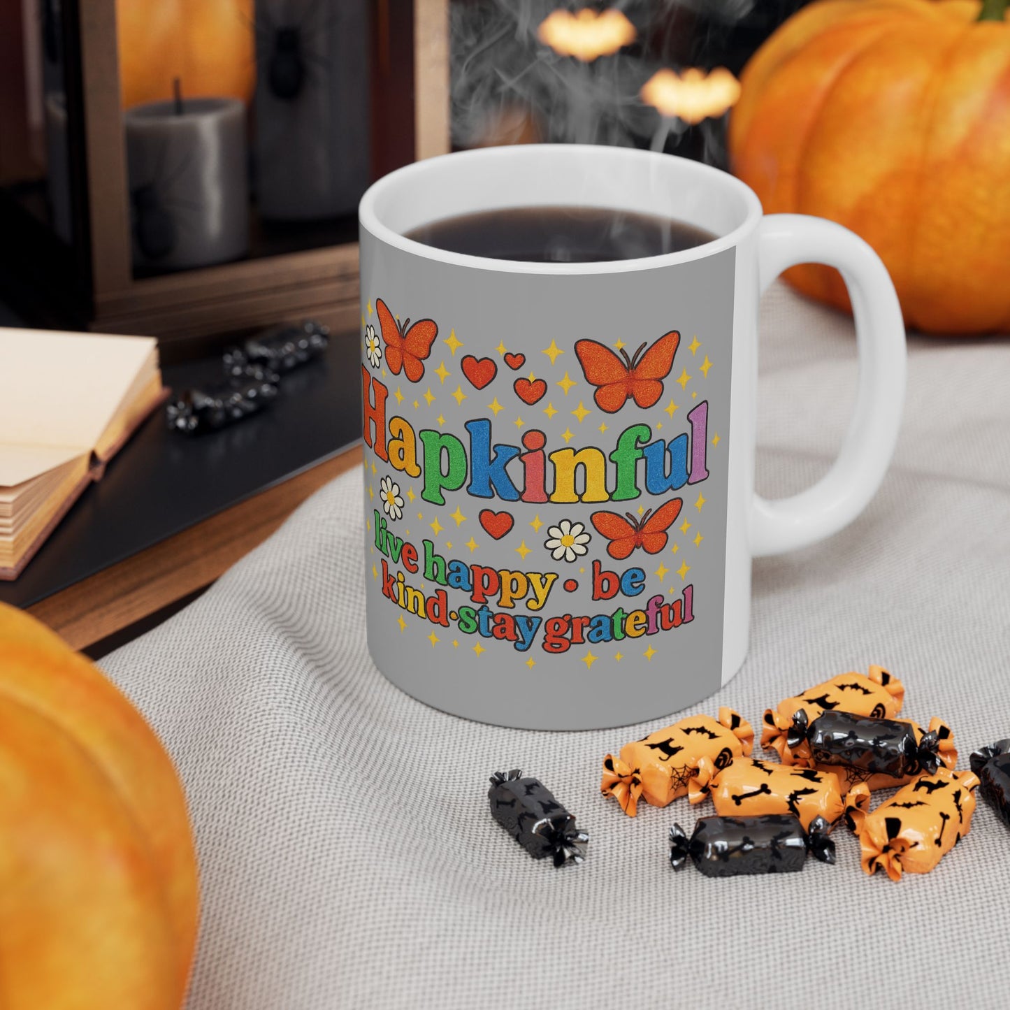 Happy Groovy Butterfly Light Grey Mug - Hapkinful - Live Happy. Be Kind. Stay Grateful