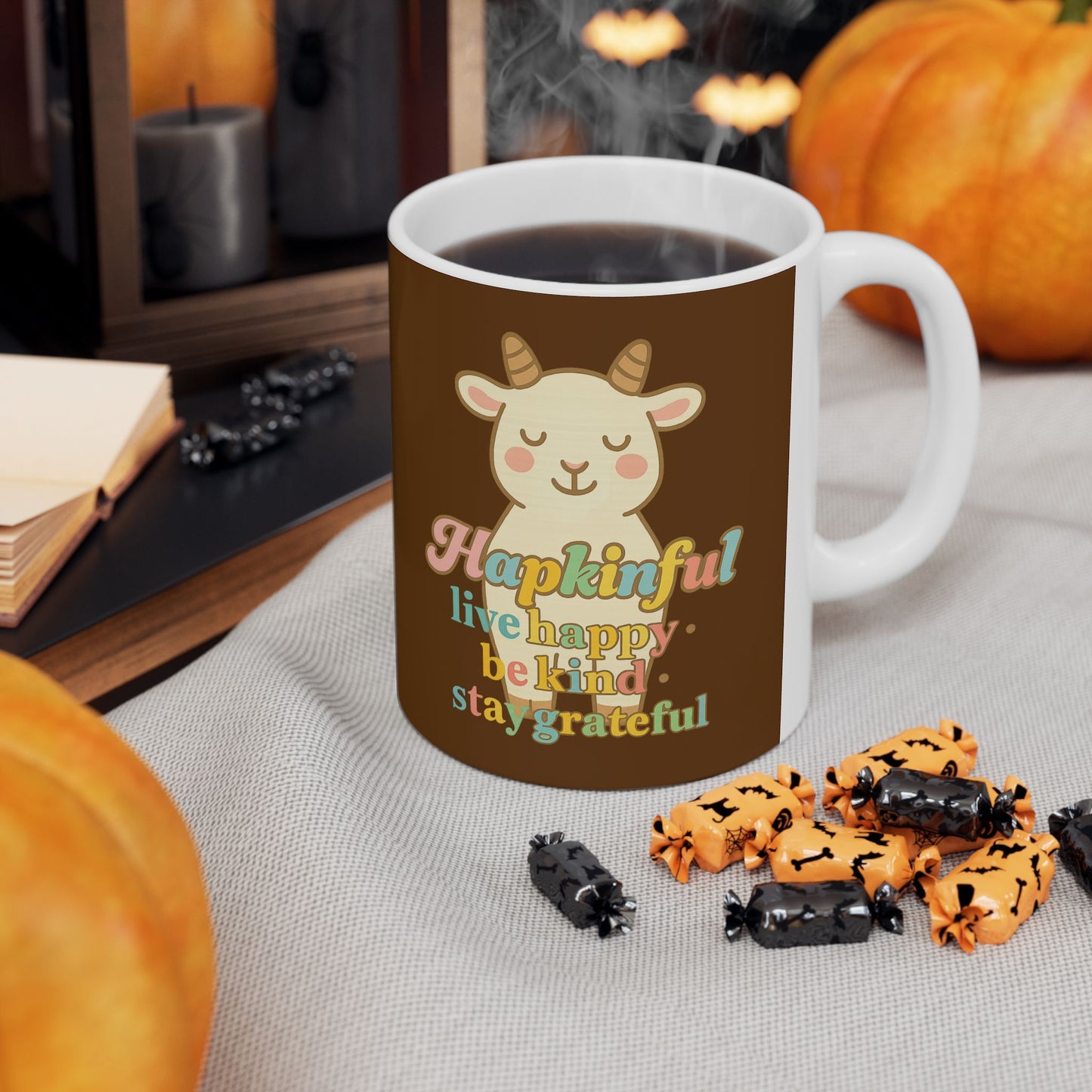 Happy Goat Mug - Hapkinful Live Happy. Be Kind. Stay Grateful. 11oz