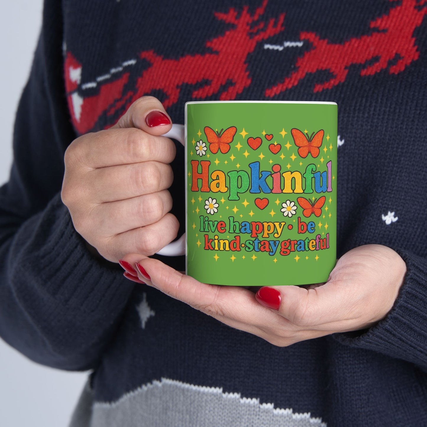 Happy Groovy Butterfly Green Mug - Hapkinful - Live Happy. Be Kind. Stay Grateful 11 oz