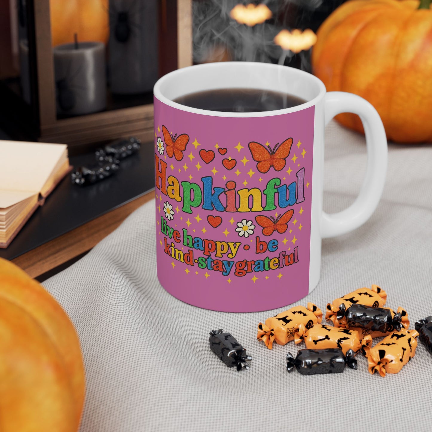 Happy Groovy Pink Butterfly Mug - Hakinful - Live Happy. Be Kind. Stay Grateful 11oz.