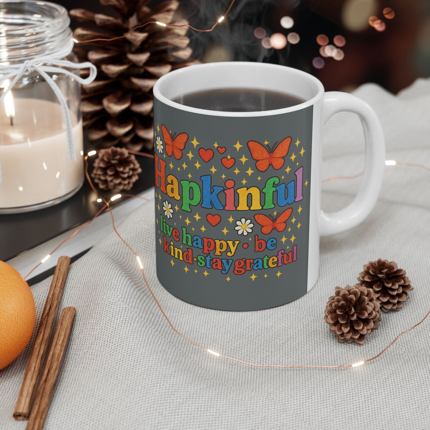 Happy Groovy Butterfly Charcoal Grey Mug - Hapkinful - Live Happy. Be Kind. Stay Grateful