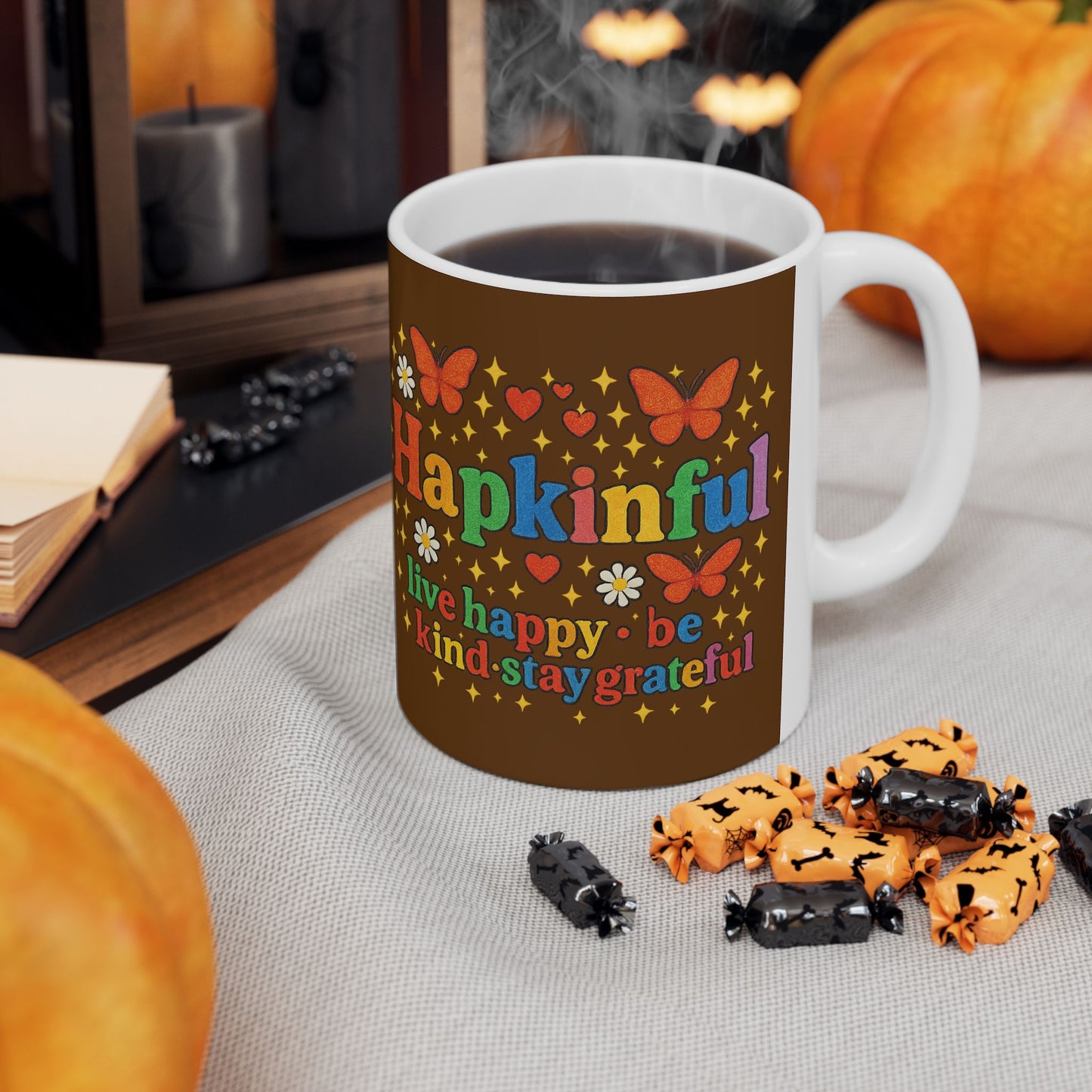 Happy Groovy Butterfly Chocolate Brown Mug - Hapkinful - Live Happy. Be Kind. Stay Grateful 11 oz