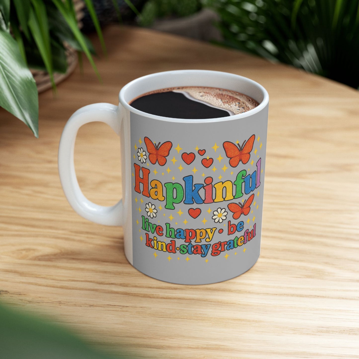 Happy Groovy Butterfly Light Grey Mug - Hapkinful - Live Happy. Be Kind. Stay Grateful