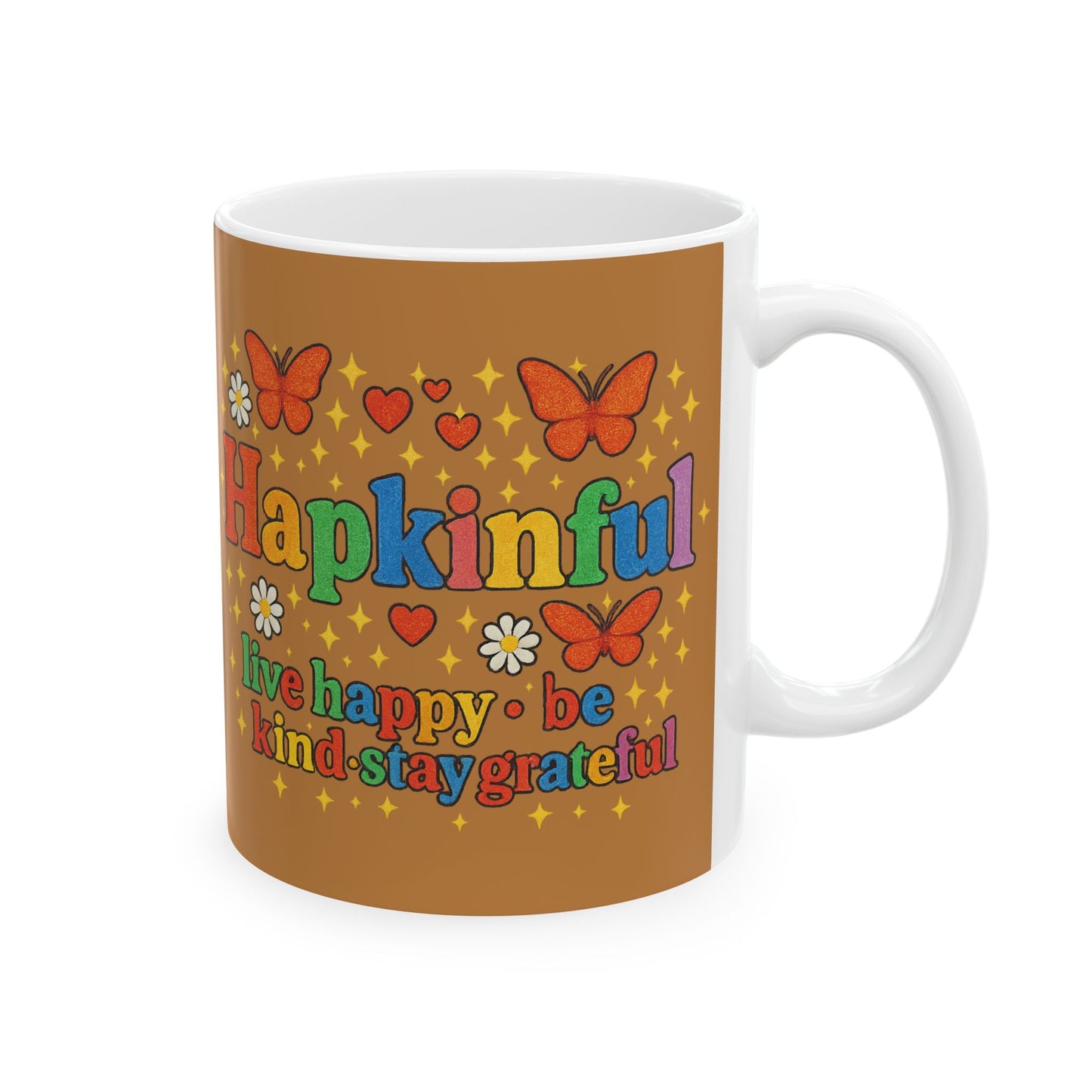 Happy Groovy Butterfly Brown Cafe Mug - Hapkinful - Live Happy. Be Kind. Stay Grateful