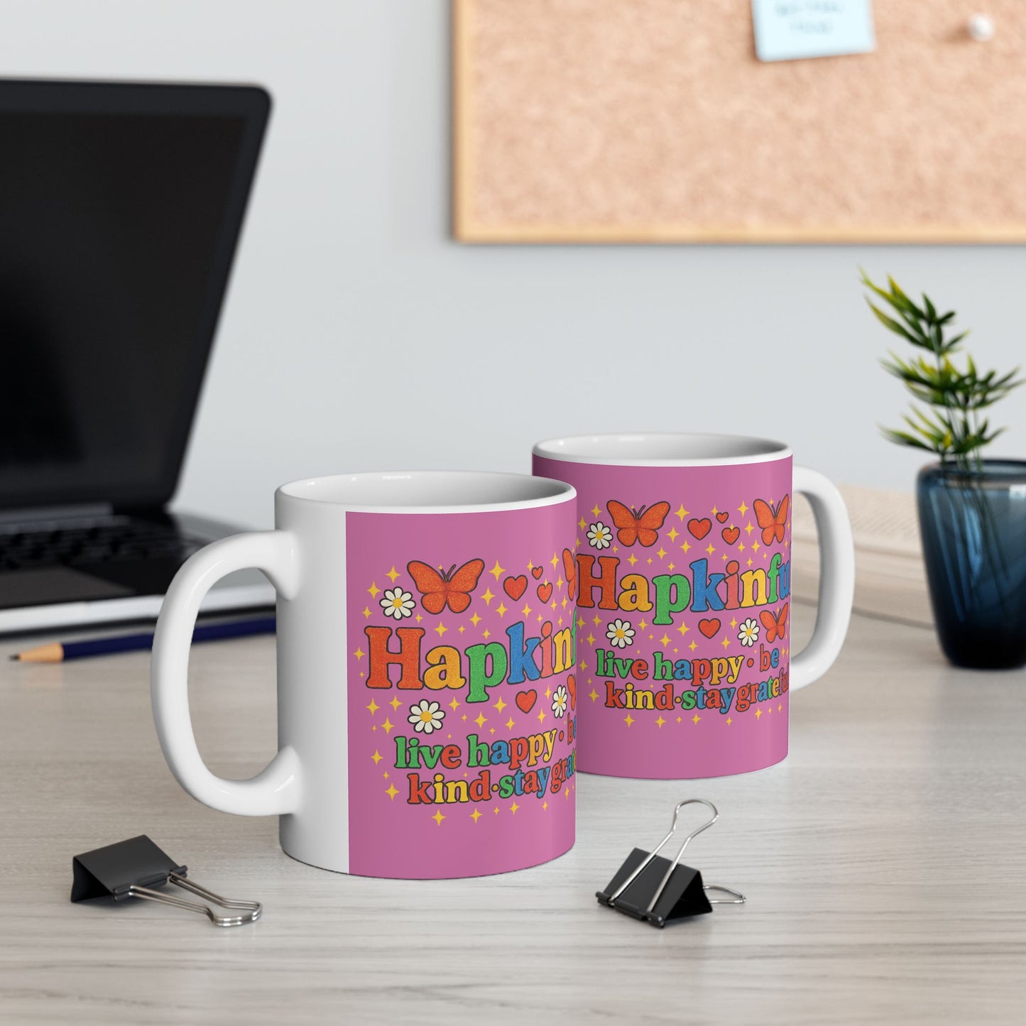 Happy Groovy Pink Butterfly Mug - Hakinful - Live Happy. Be Kind. Stay Grateful 11oz.