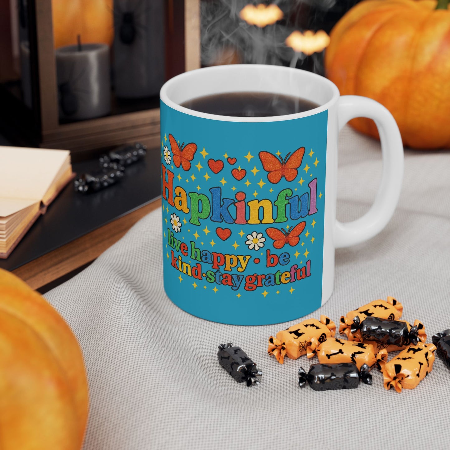 Happy Groovy Butterfly Turqoise Mug - Hapkinful - Live Happy. Be Kind. Stay Grateful 11 oz