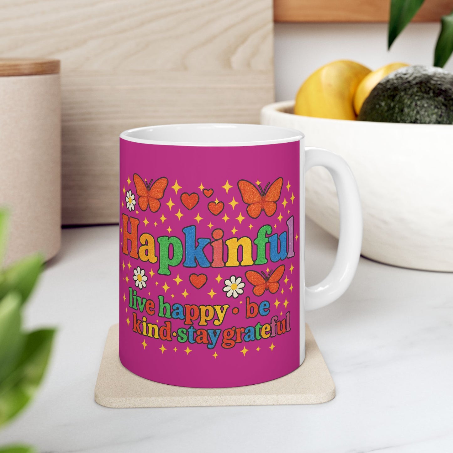 Happy Groovy Butterfly Lavender Mug - Hapkinful -Live Happy. Be Kind. Stay Grateful 11oz