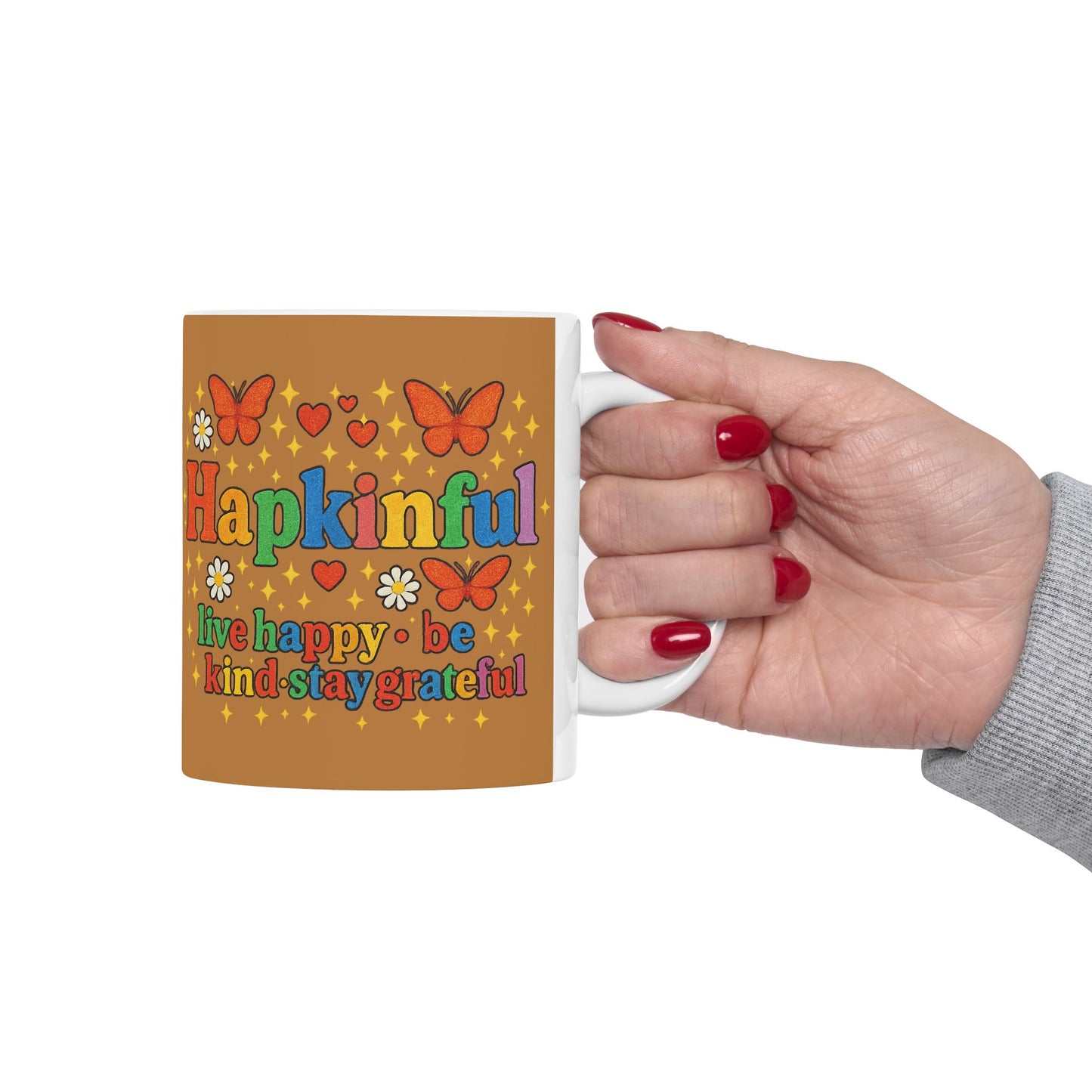 Happy Groovy Butterfly Brown Cafe Mug - Hapkinful - Live Happy. Be Kind. Stay Grateful