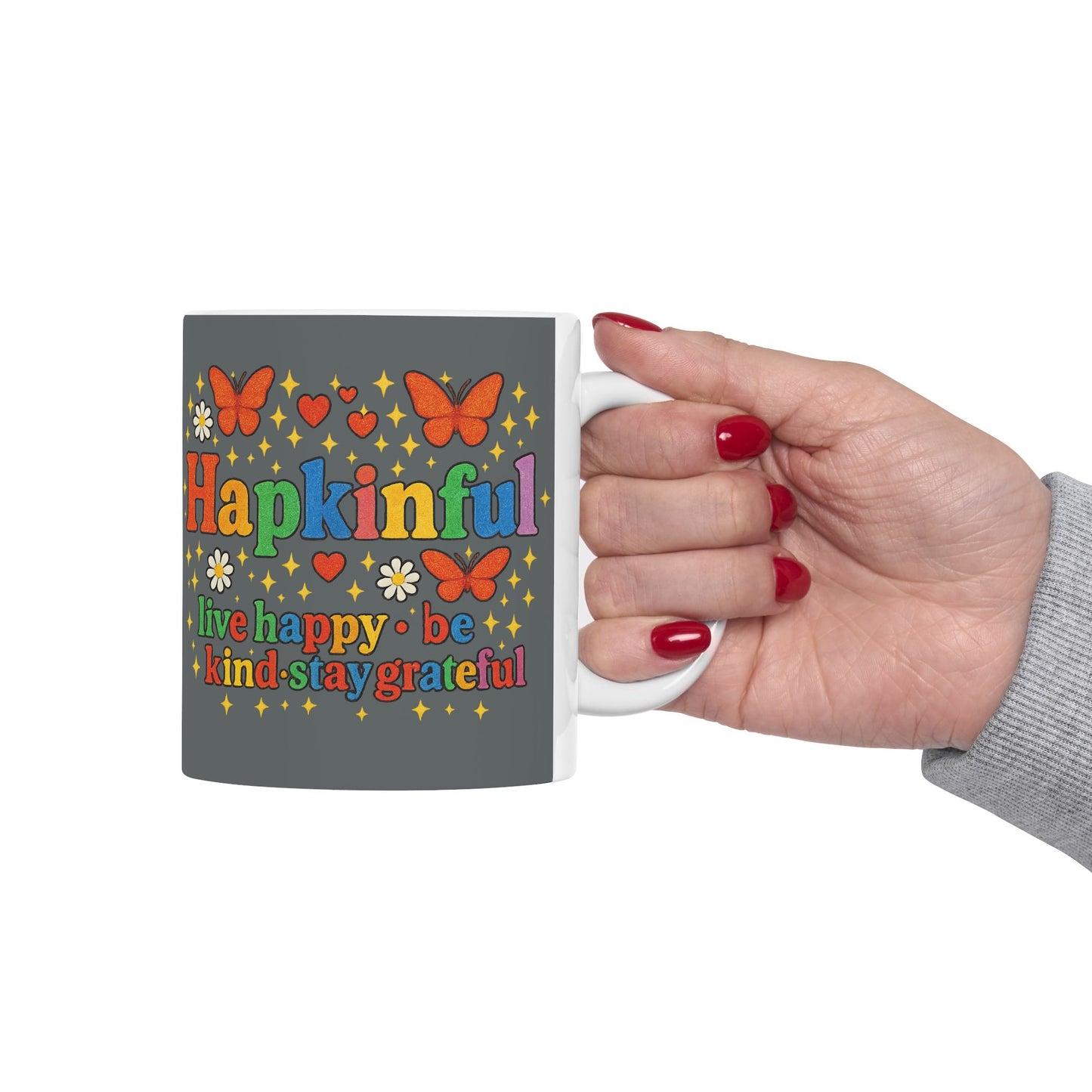 Happy Groovy Butterfly Charcoal Grey Mug - Hapkinful - Live Happy. Be Kind. Stay Grateful