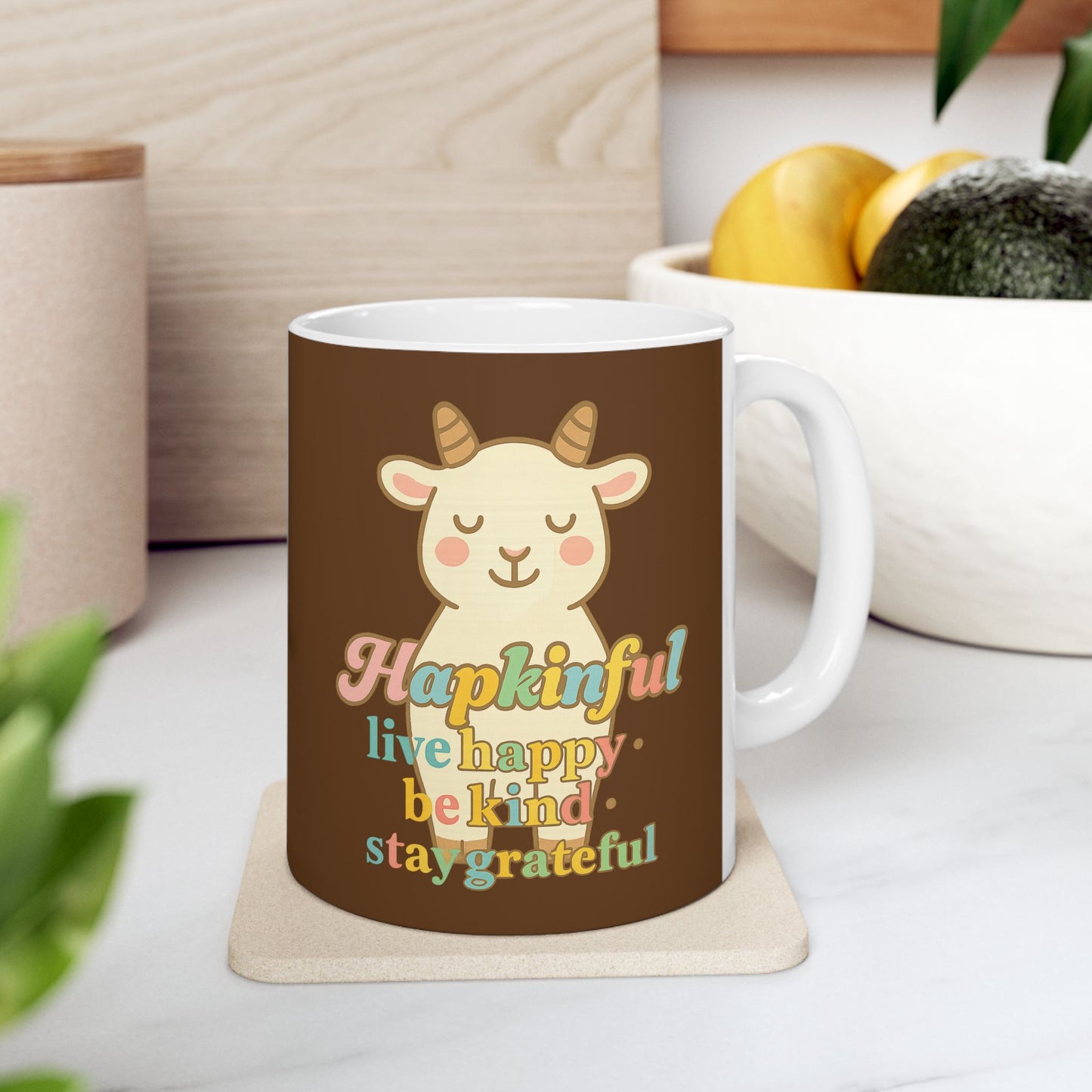 Happy Goat Mug - Hapkinful Live Happy. Be Kind. Stay Grateful. 11oz