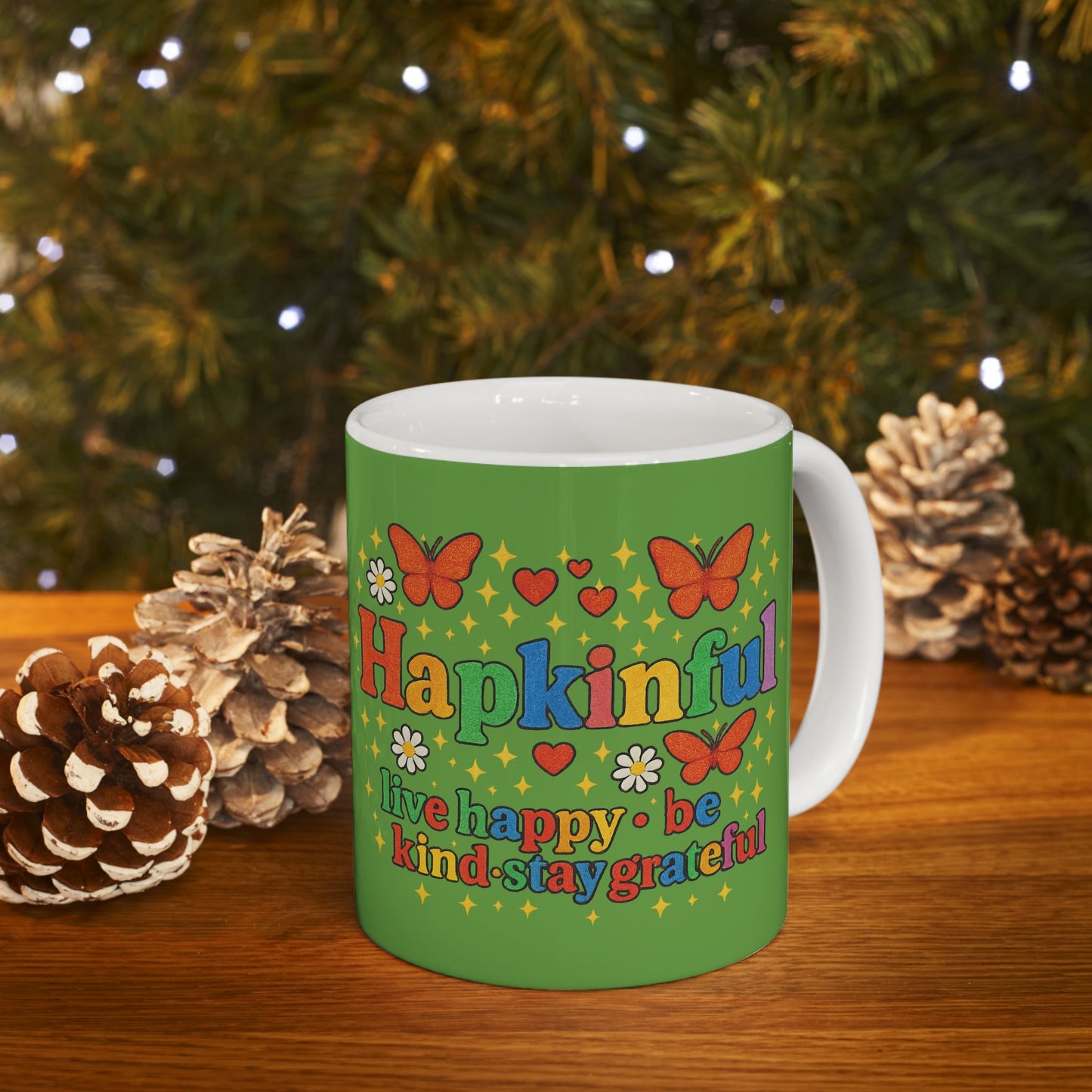 Happy Groovy Butterfly Green Mug - Hapkinful - Live Happy. Be Kind. Stay Grateful 11 oz