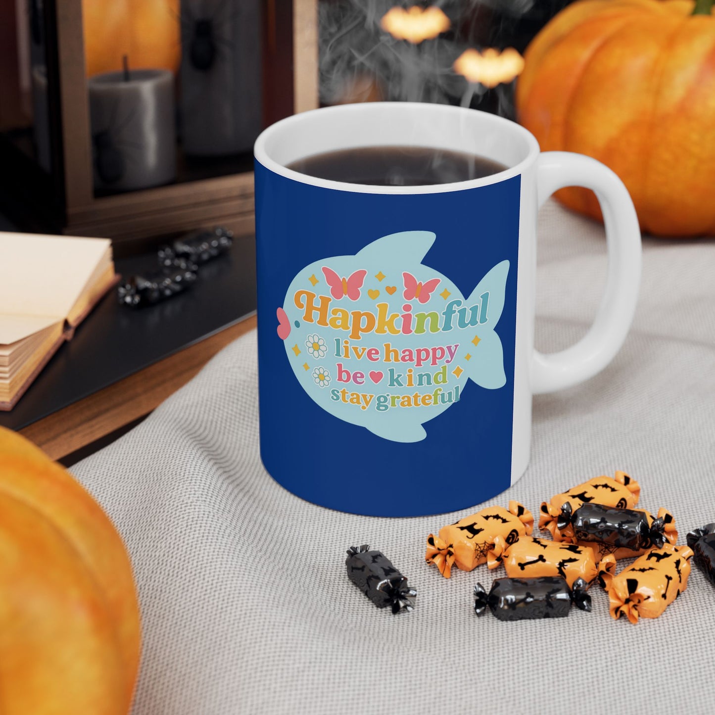 Happy Fish Mug. Live Happy. Be Kind. Stay Grateful