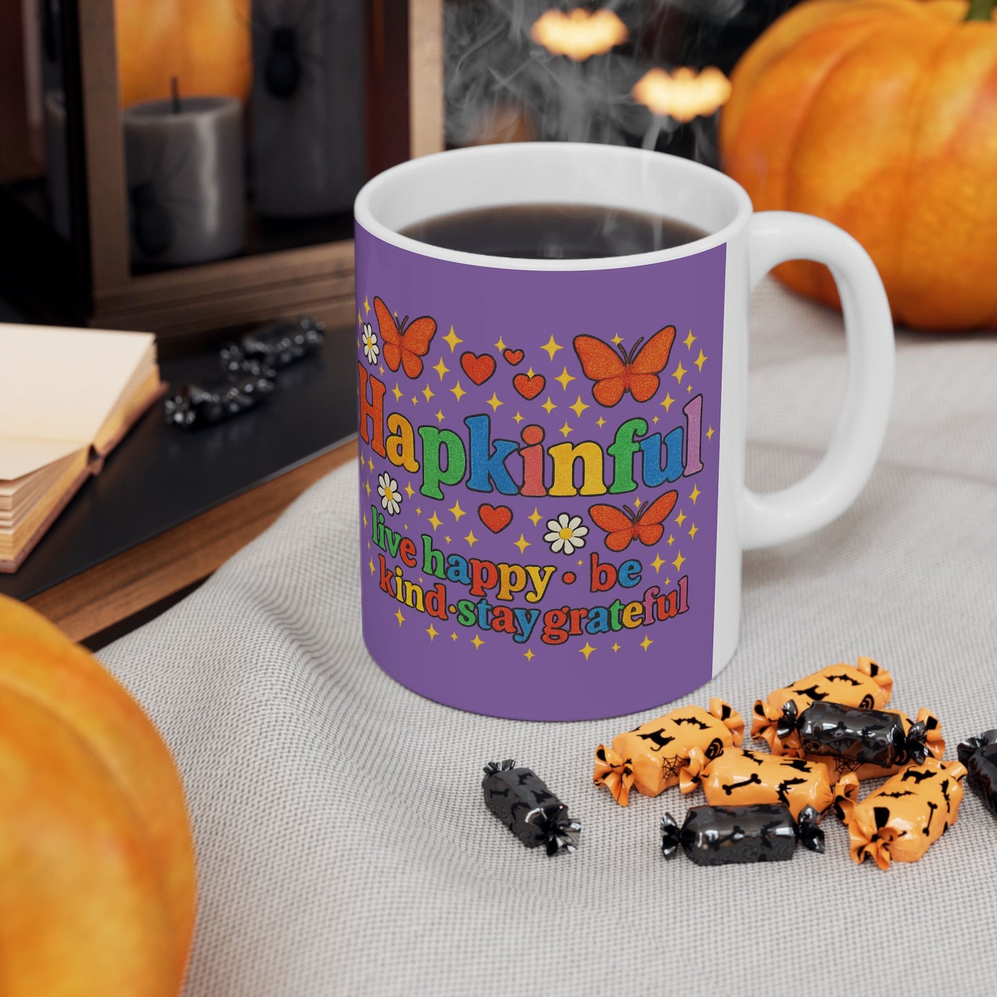 Happy Groovy Butterfly Purple Mug - Hapkinful - Live Happy. Be Kind. Stay Grateful 11oz