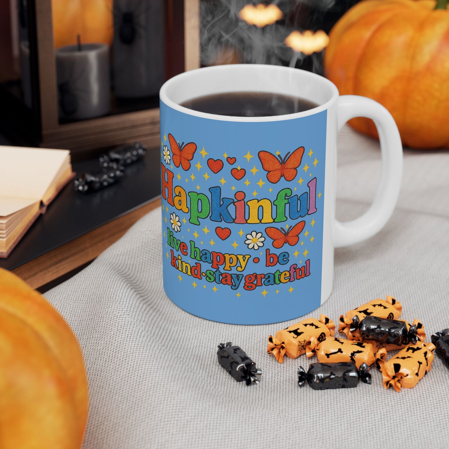 Happy Groovy Butterfly Light Blue Mug - Hapkinful - Live Happy.Be Kind. Stay Grateful