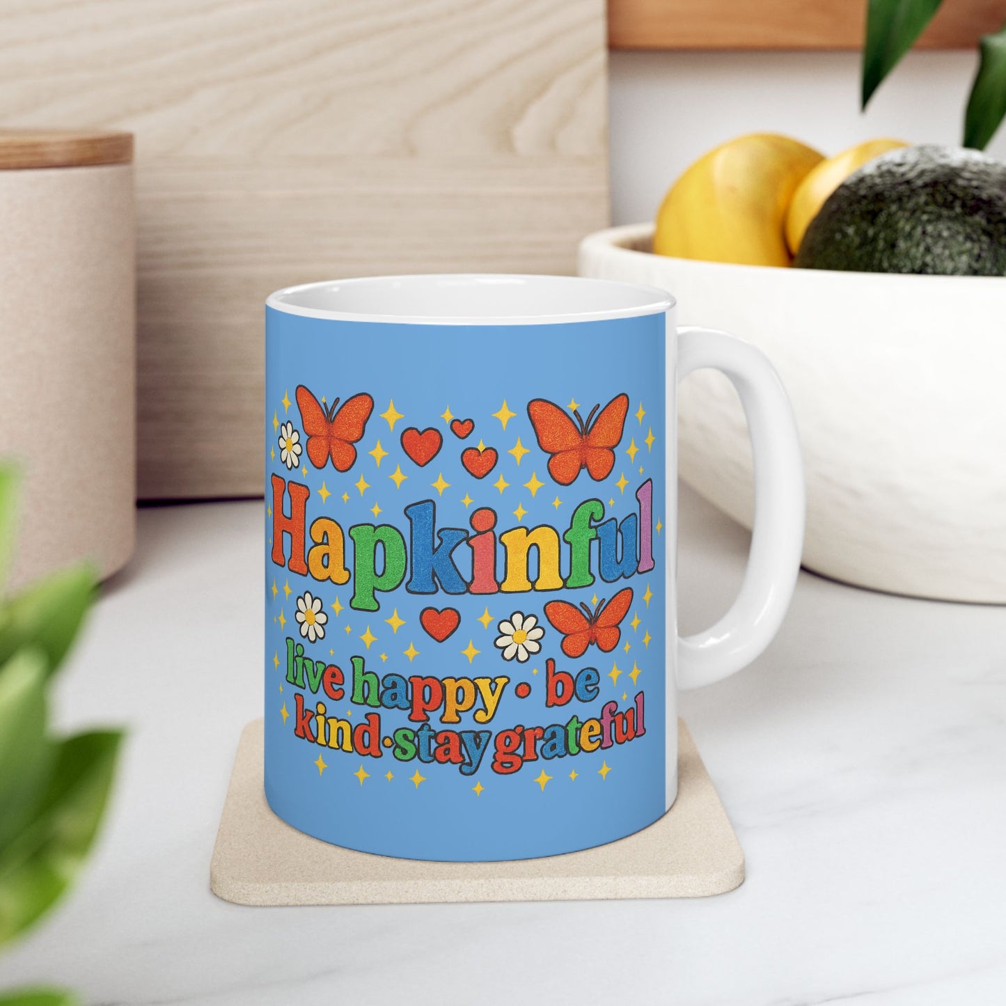 Happy Groovy Butterfly Light Blue Mug - Hapkinful - Live Happy.Be Kind. Stay Grateful