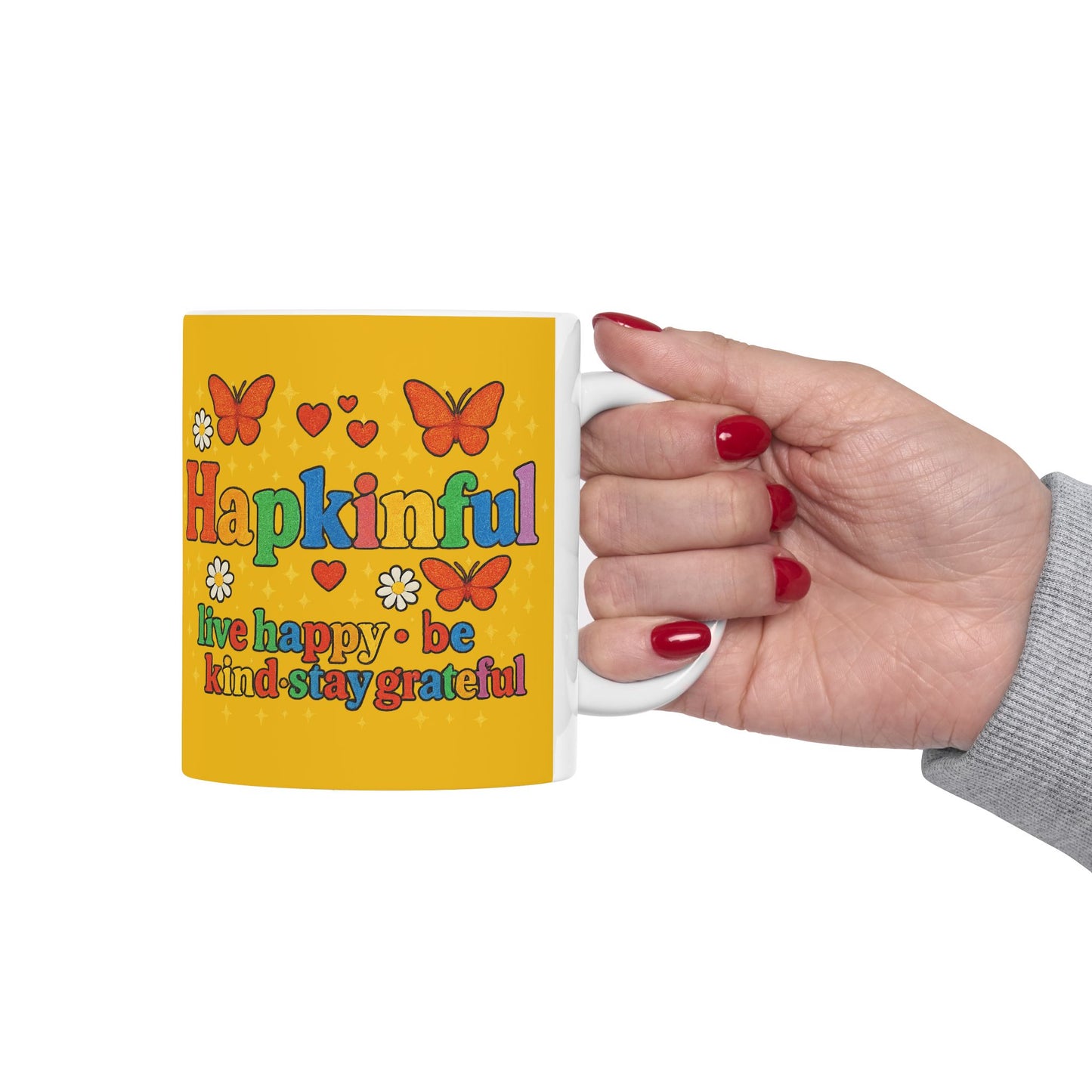 Happy Groovy Butterfly Yellow Mug - Hapkinful - Live Happy. Be Kind. Stay Grateful 11 oz