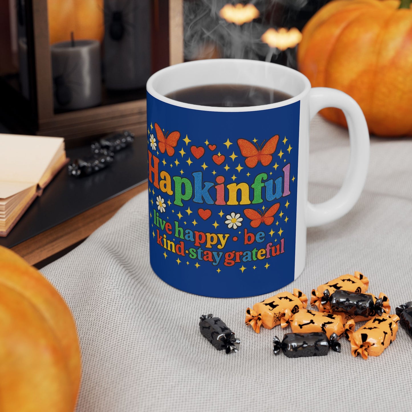 Happy Groovy Butterly Navy Blue Mug - Hapkinful - Live Happy. Be Kind. Stay Grateful. 11oz