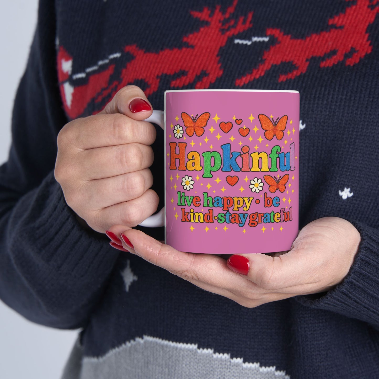 Happy Groovy Pink Butterfly Mug - Hakinful - Live Happy. Be Kind. Stay Grateful 11oz.