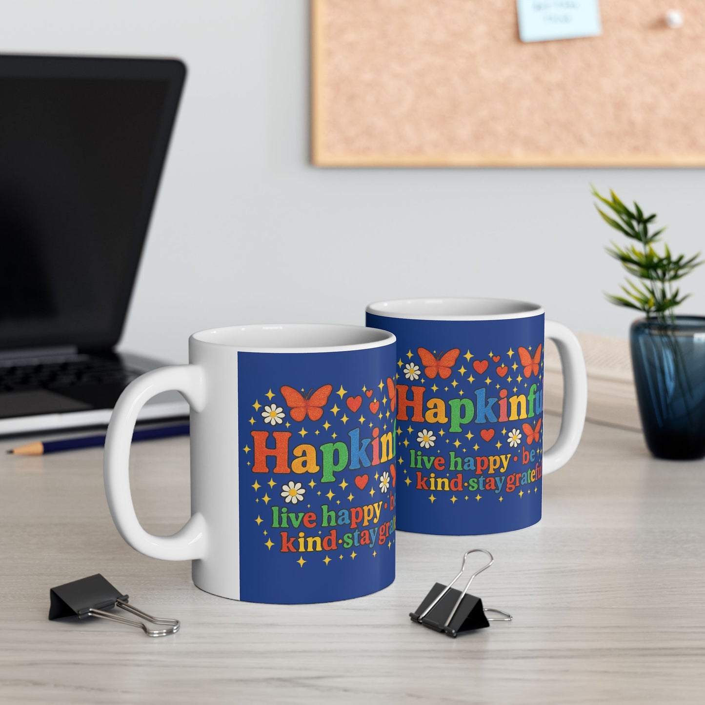Happy Groovy Butterly Navy Blue Mug - Hapkinful - Live Happy. Be Kind. Stay Grateful. 11oz