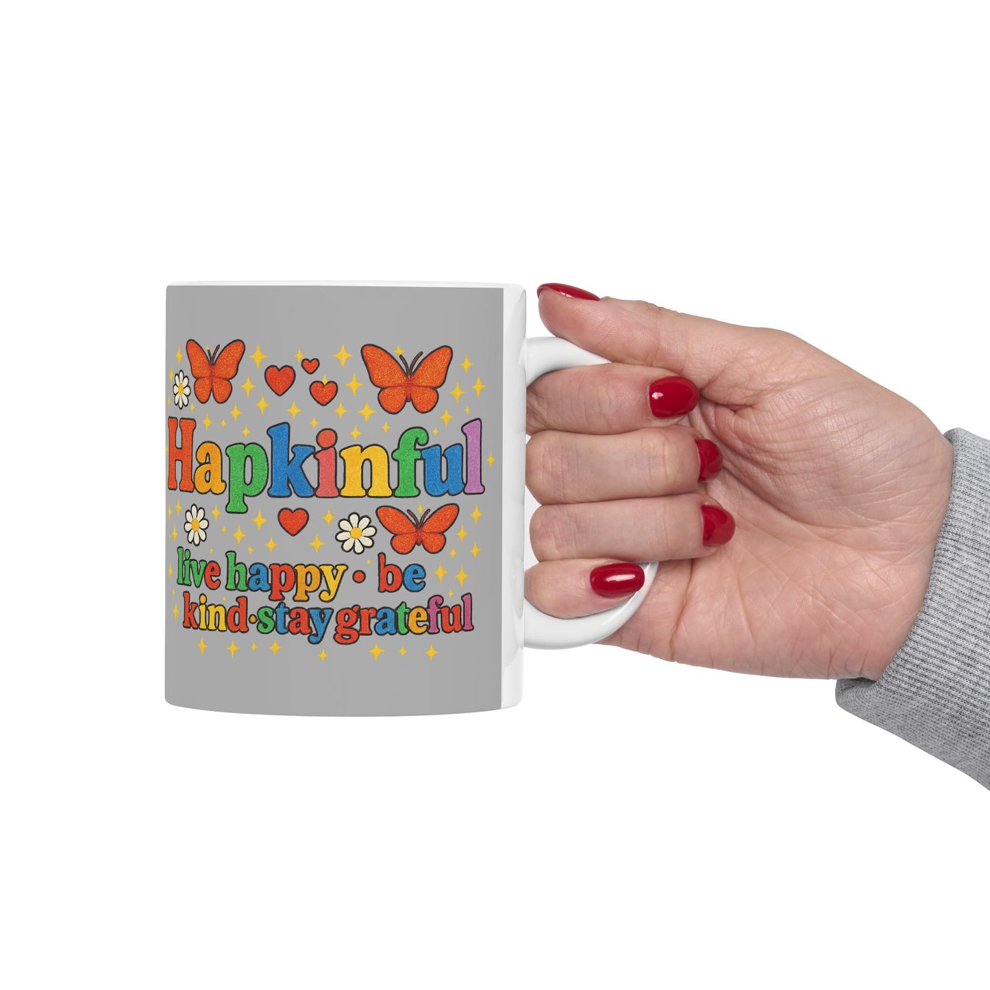 Happy Groovy Butterfly Light Grey Mug - Hapkinful - Live Happy. Be Kind. Stay Grateful